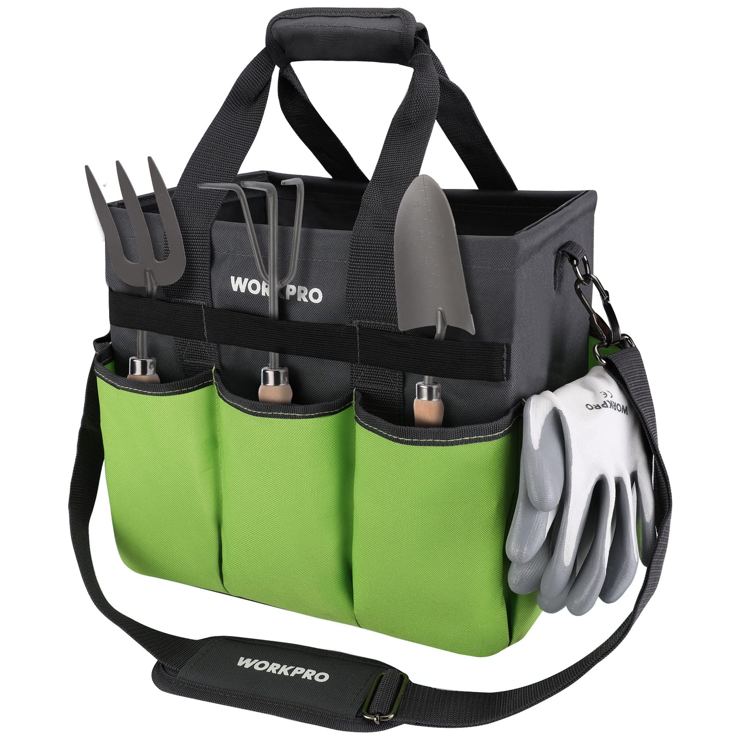 WORKPRO Garden Tool Bag Organizer, Heavy Duty Gardening Tote Bag with 10 Pockets and Long Adjustable Shoulder Strap, Standable Garden Home Tool Kits Organizer, Green (Tools are not Included)