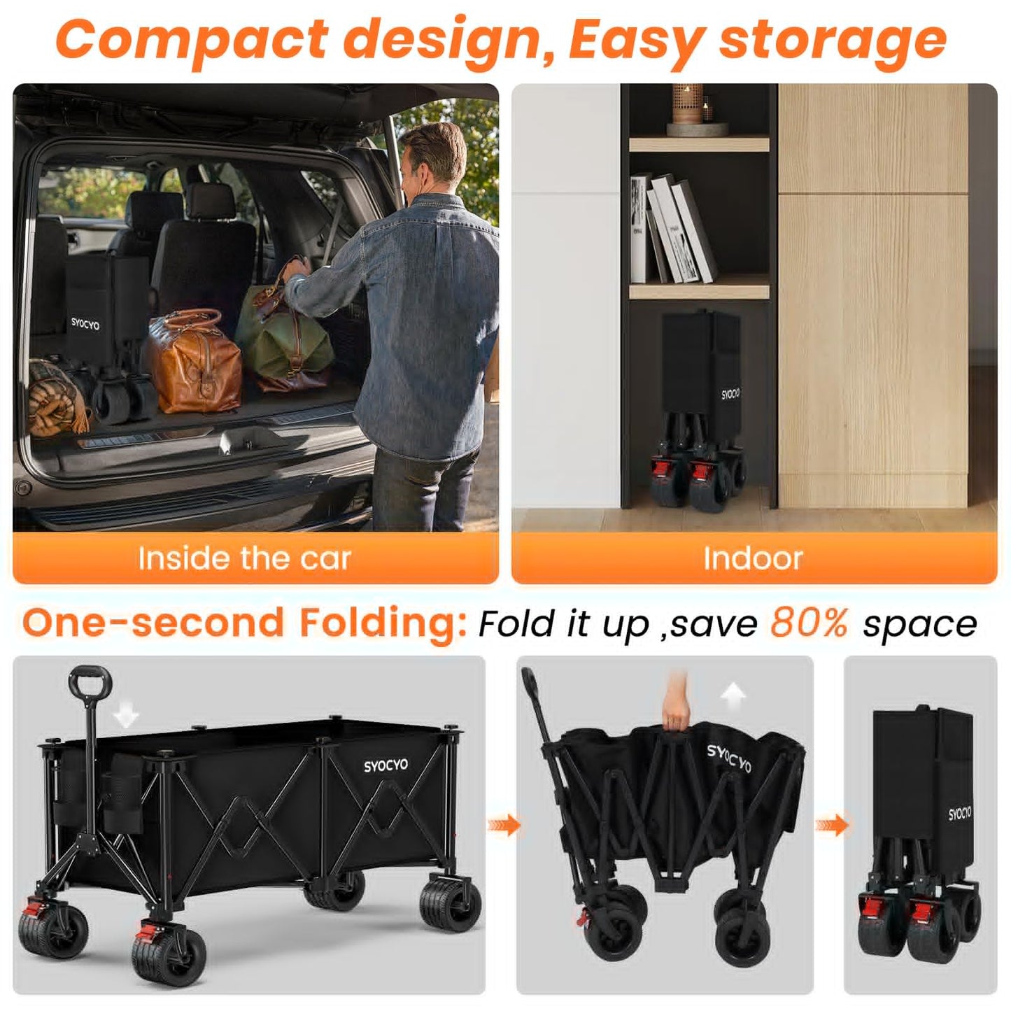 Collapsible Wagon Carts Foldable 570LBS Beach Wagon with Big All-Terrain Wheels Weight Capacity Heavy Duty Utility Carts with Cup Holders for Garden, Camping, Grocery, Sports Black