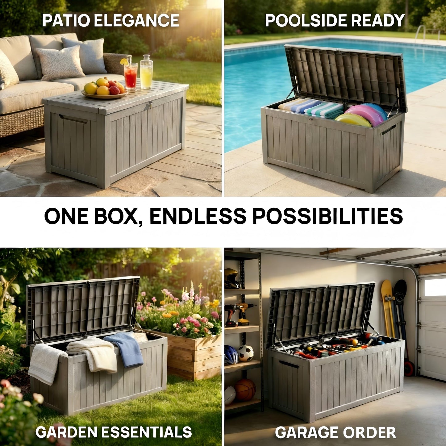 Large 231 Gallon Resin Deck Box, Heavy Duty Lockable Patio Storage Box Outdoor, Waterproof Tool Box for Garden Furniture Cushions & Pool Supplies, Wood Grain Outdoor Storage Bench for Backyard