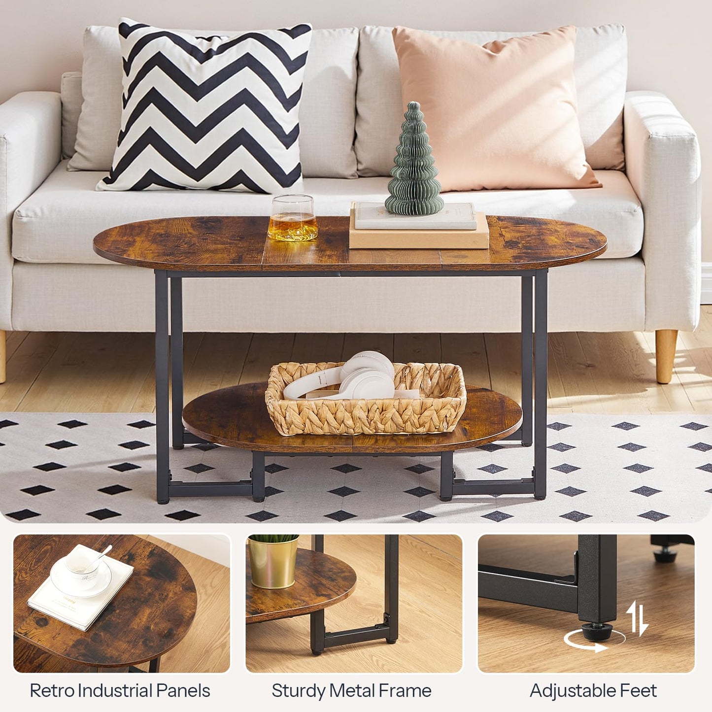 HOOBRO Coffee Table for Living Room, Oval Small Coffee Table with 2-Tier Open Storage Shelf, Industrial Cocktail Tea Table, Wooden Desktop Center Table, Farmhouse, Home Office, Rustic Brown BF09KF01