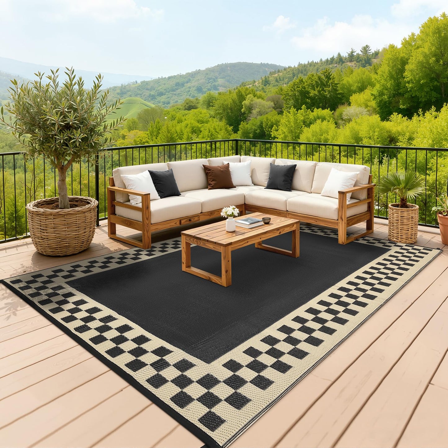 Checkered Outdoor Rug 8x10 Waterproof Modern Bordered Patio Rugs Plastic Straw Rug Large Indoor Outdoor Throw Carpets Reversible Mat for Picnic, Backyard, Rv, Beach, Deck, Camper, Balcony, Black
