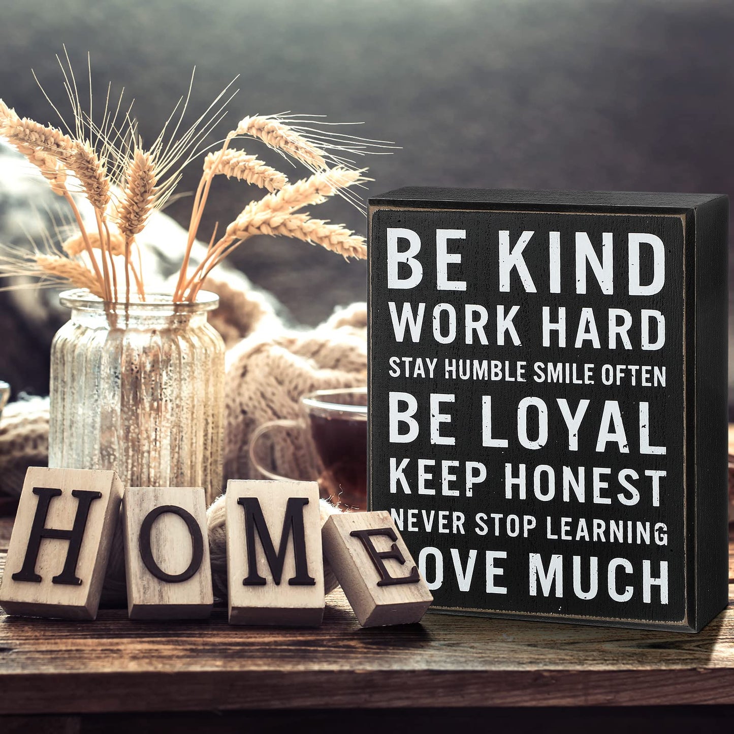 Be Kind Wooden Box Signs with Positive Quotes Sayings Inspirational Desk Decor Family Motivational Signs with Quotes for Farmhouse Office Employee Boss Desk Plaque 4.7 x 6 Inch(Black)