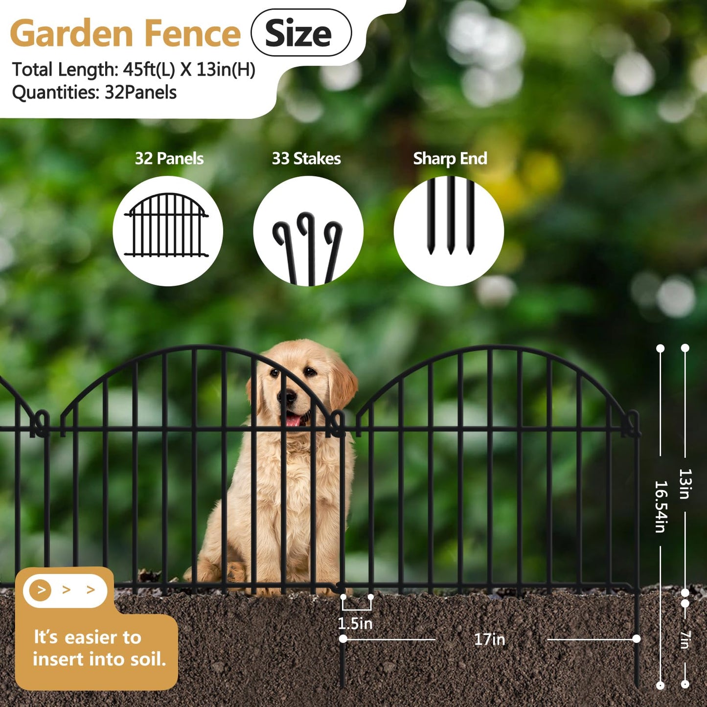 32 Panels Garden Fence, 45ft x 20in Animal Barrier Fences for Rabbits Dogs, Rustproof Metal Gardens Border Fencing, Arched Decorative Flower Bed Edging Barriers for Outdoor Yard Patio