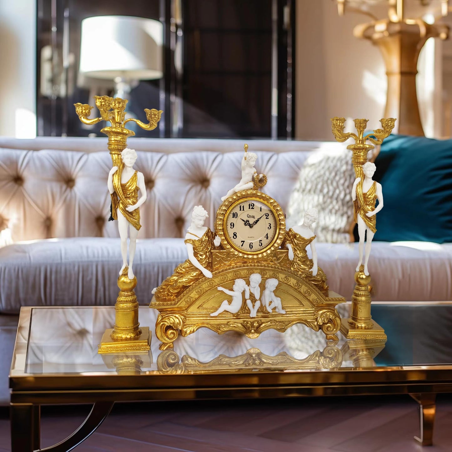 GENUINQ Clock Ornate Rococo Style Mantel Clock with Candelabras Candle Holders Gold for Home Decor