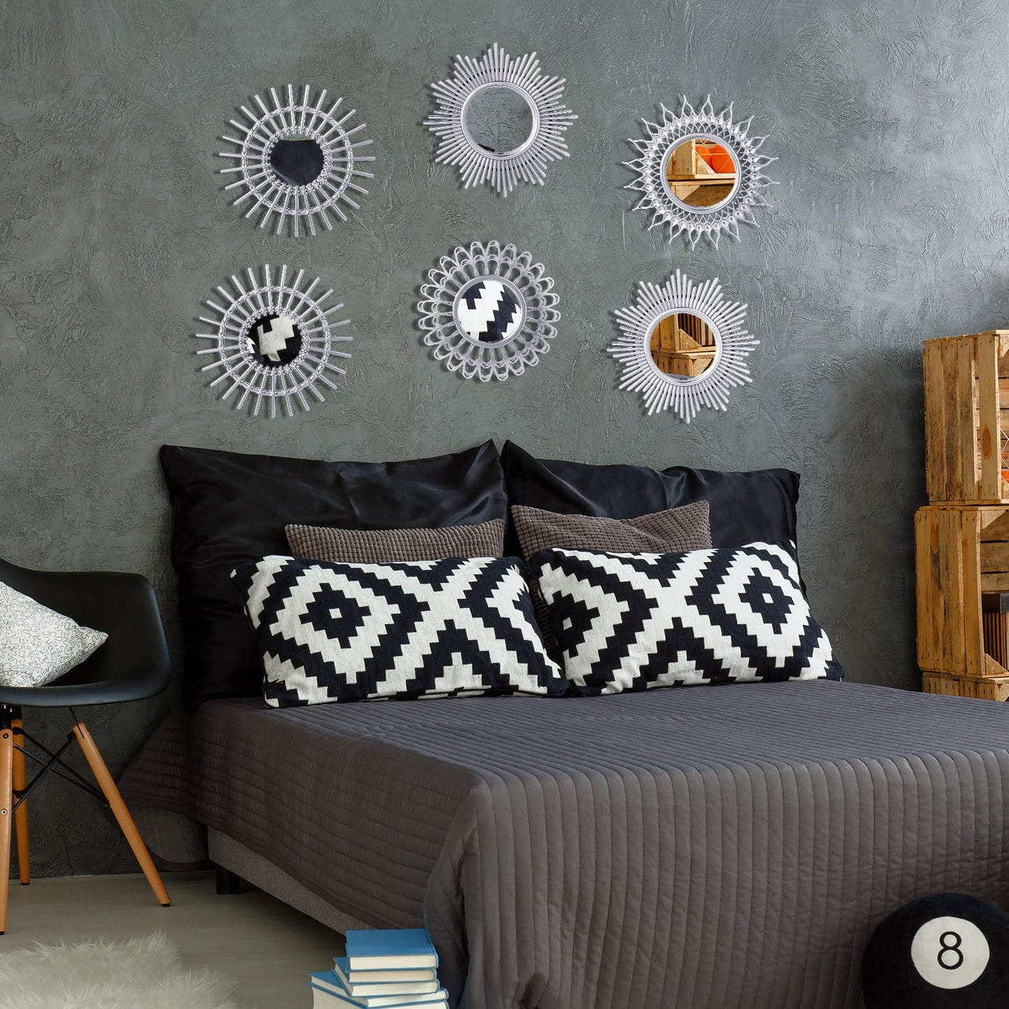 Namalu 6 Pcs Mirrors - Small Circle Sun Mirrors for Decorative Wall Art - Entryway, Bathroom, Bedroom, Living Room (Silver, Classic)