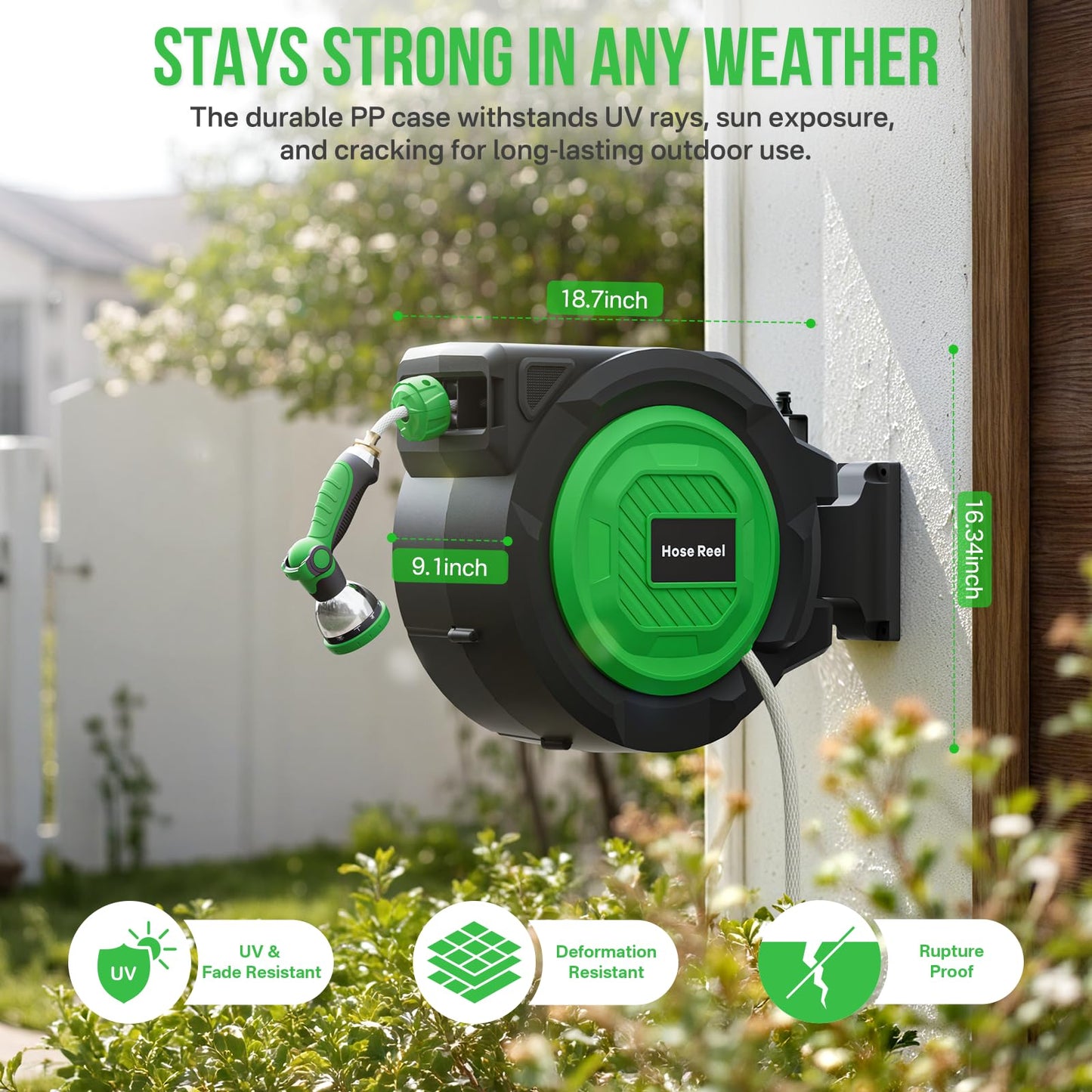 Retractable Garden Hose Reel, 1/2 in x 100 ft Heavy Duty Wall-Mounted Hose Reel with 180° Swivel Bracket, 10-Pattern Nozzle, Automatic Slow Return System, Any Length Lock for outside Watering,Cleaning