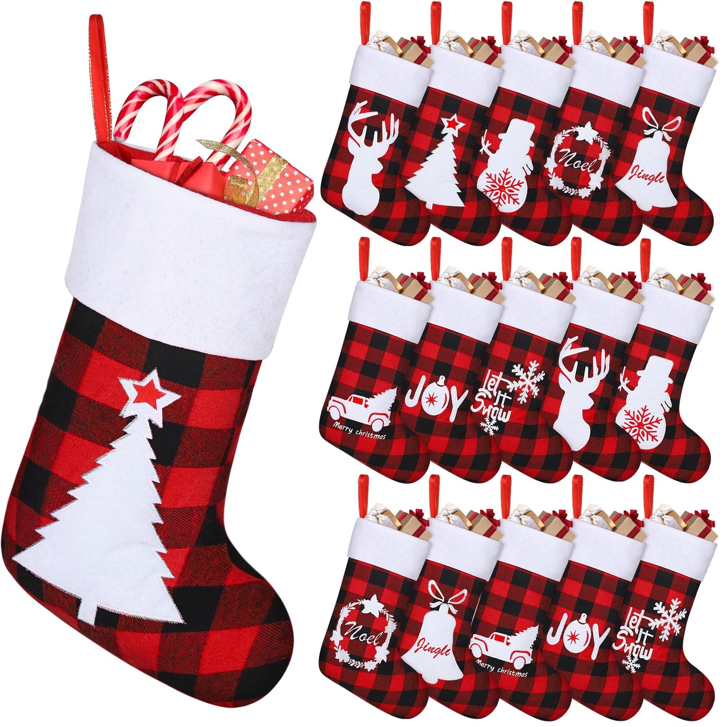Aodaer 16 Pack Felt Christmas Stockings 18 Inches Red Black Buffalo Plaid Xmas Fireplace Hanging Stockings with Santa Snowman Reindeer Pattern Holiday Hanging Decorations for Christmas Party Favors