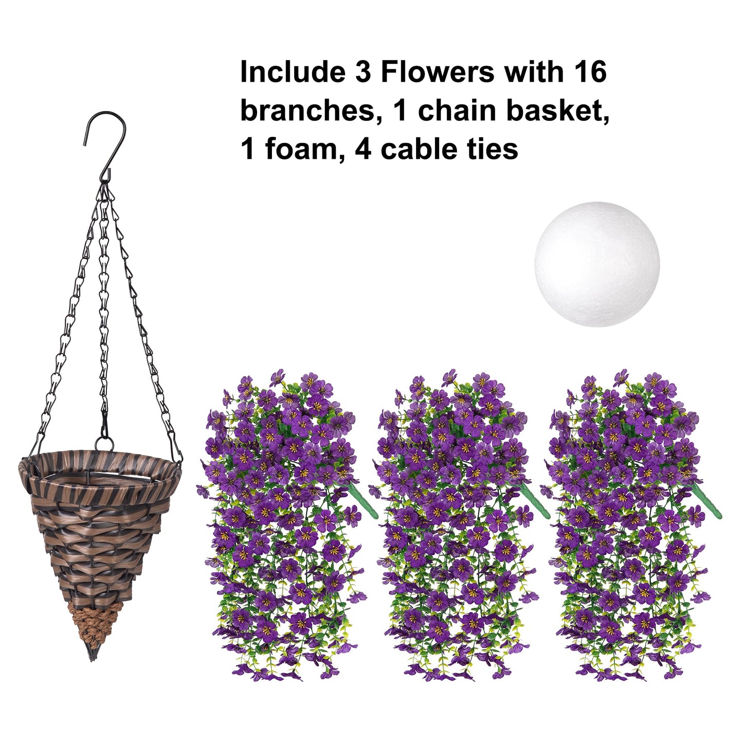 HyeFlora Artificial Hanging Flowers Basket for Outdoor, Fake Flowers Faux Plants Look Real for Yard Gardens Porch Patio Home (Darkpurple)
