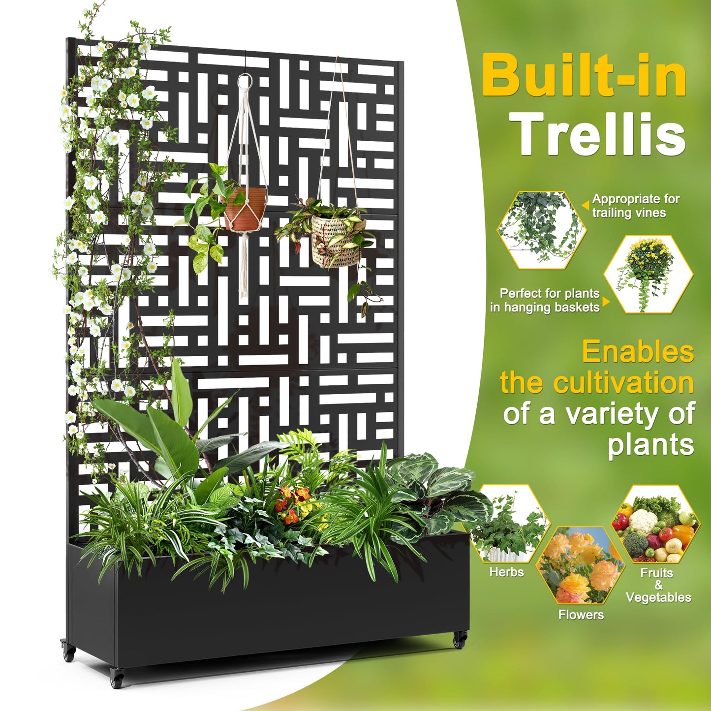 FENCY Metal Raised Garden Bed with Wheels and Trellis,73"x47"x16" Planter Box for Climbing Plants, Vegetables & Vines, Features Privacy Screen and Drainage Holes (Black-Geometric Lattice)