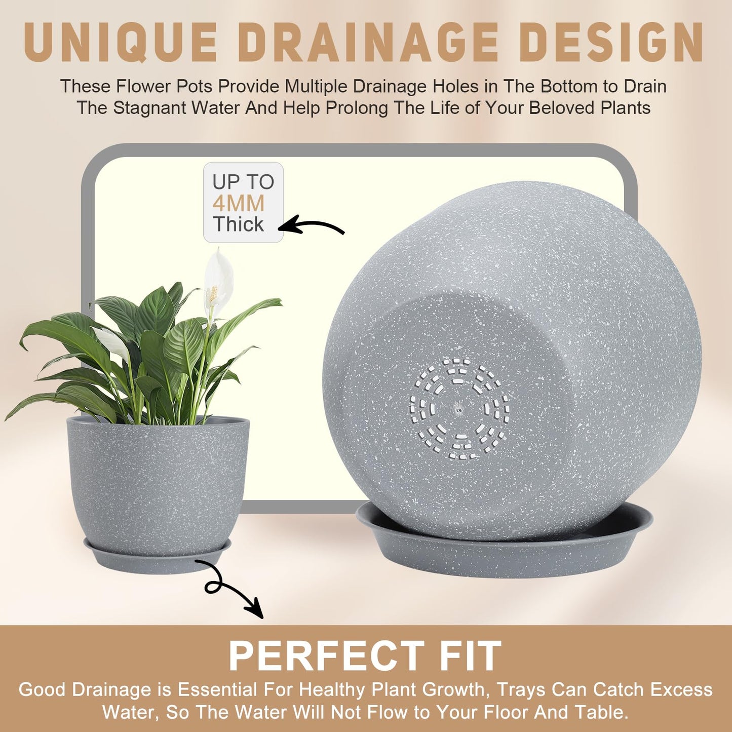 YNNICO Plant Pots 10/9/8/7.5/7 inch Flower Pots with Multi Mesh Drainage Holes, Planters for Indoor Outdoor Garden Plants and Flowers. (Gray)