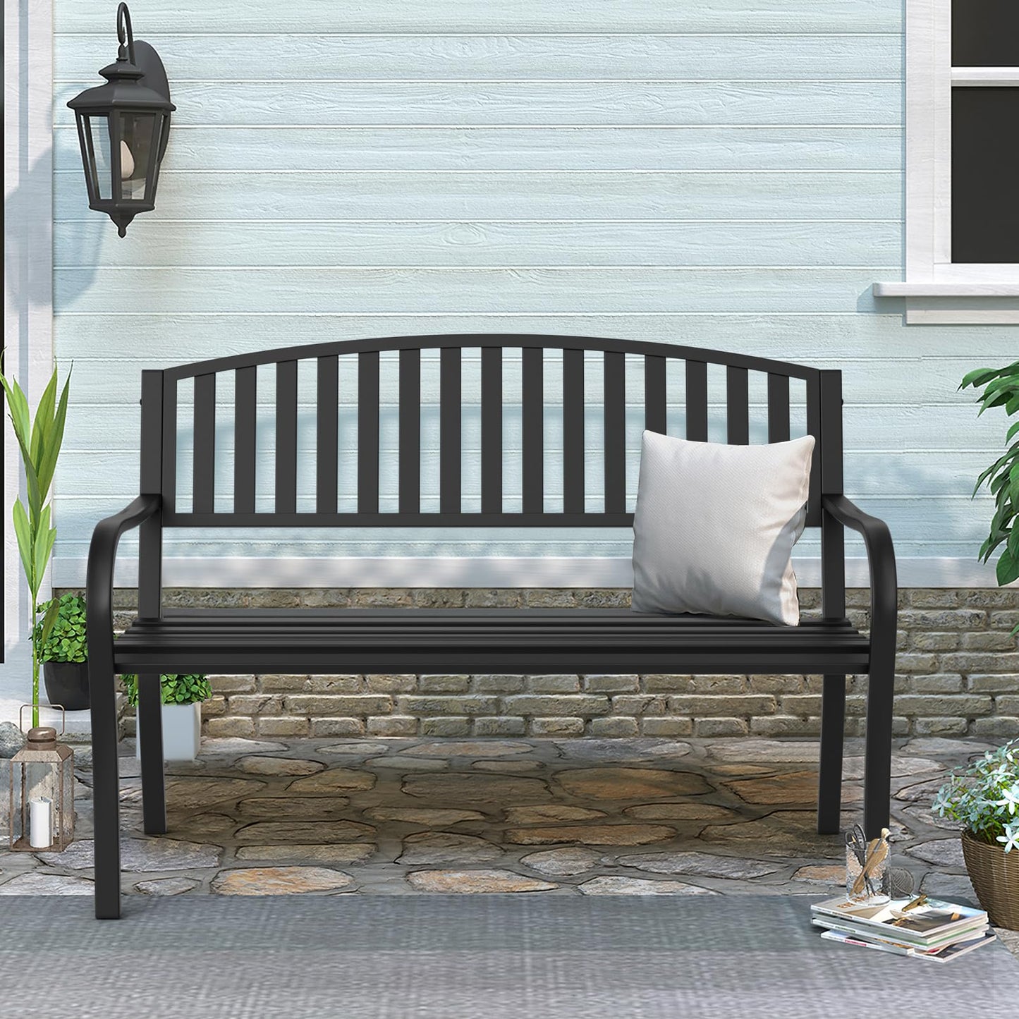 Maemttes Outdoor Bench Garden Bench, Weatherproof Anti-Rust Heavy-Duty Outside Benches Clearance, Wrought Iron Metal Bench for Front Porch, Patio, Park