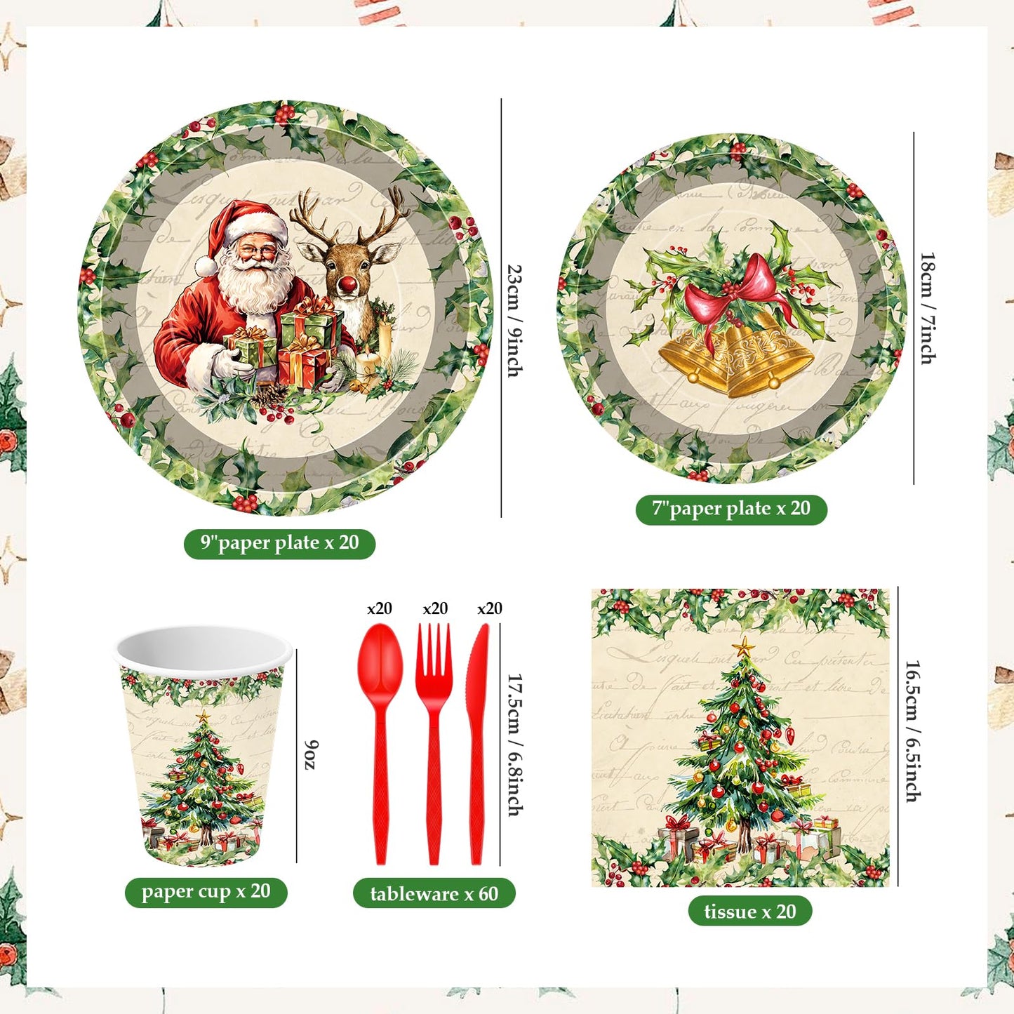 140 Pcs Christmas Party Supplies Set, Disposable Dinnerware Set for 20 Guests Includes 7 & 9 Inch Santa & Reindeer Paper Plates, Napkins, Cups, Forks, Spoons, Knives for Holiday Tableware