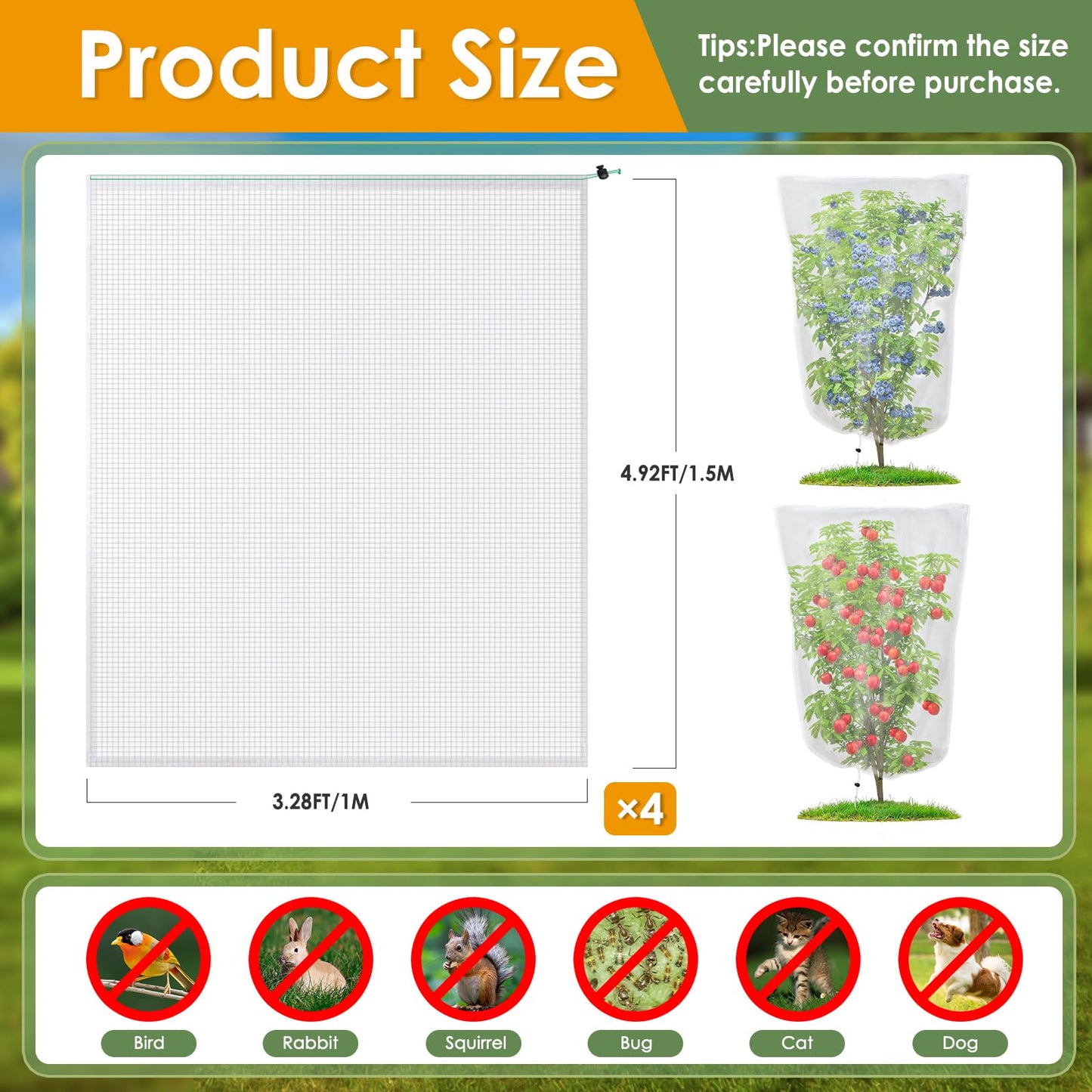 4 Pack Insect Bird Barrier Mesh - Blueberry Bush Netting Cover Insect Bird Netting Tomato Protective Cover with Drawstring Garden Mesh Netting for Vegetables, Fruits, Trees, 3.3Ft x 4.92Ft