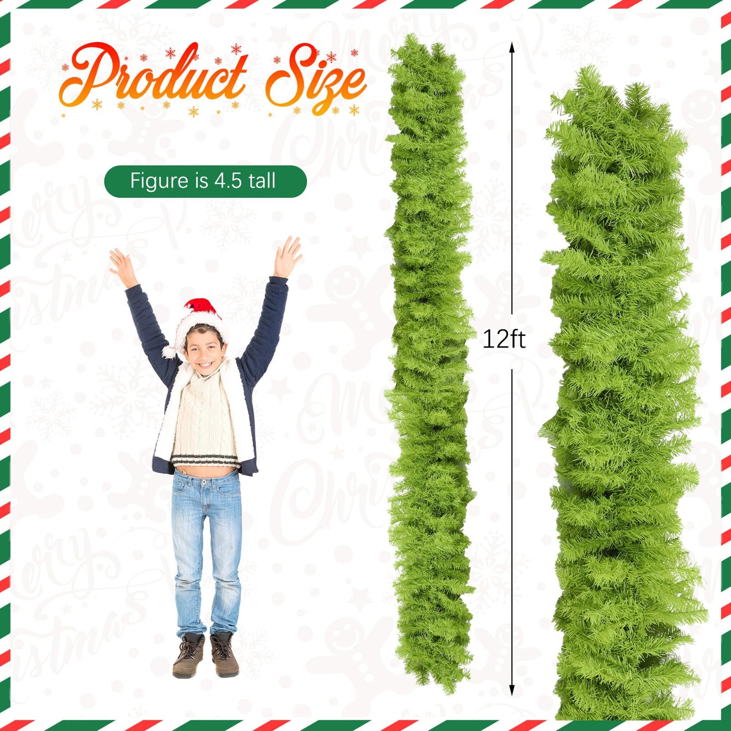 Solsew 12 ft Bright Green Whimsical Christmas Garland Holiday Garlands Indoor Outdoor Christmas Greenery Garland Decoration for Stairs Fireplace Railing Mantel Front Door Porch(Not Include Ball, Bow)