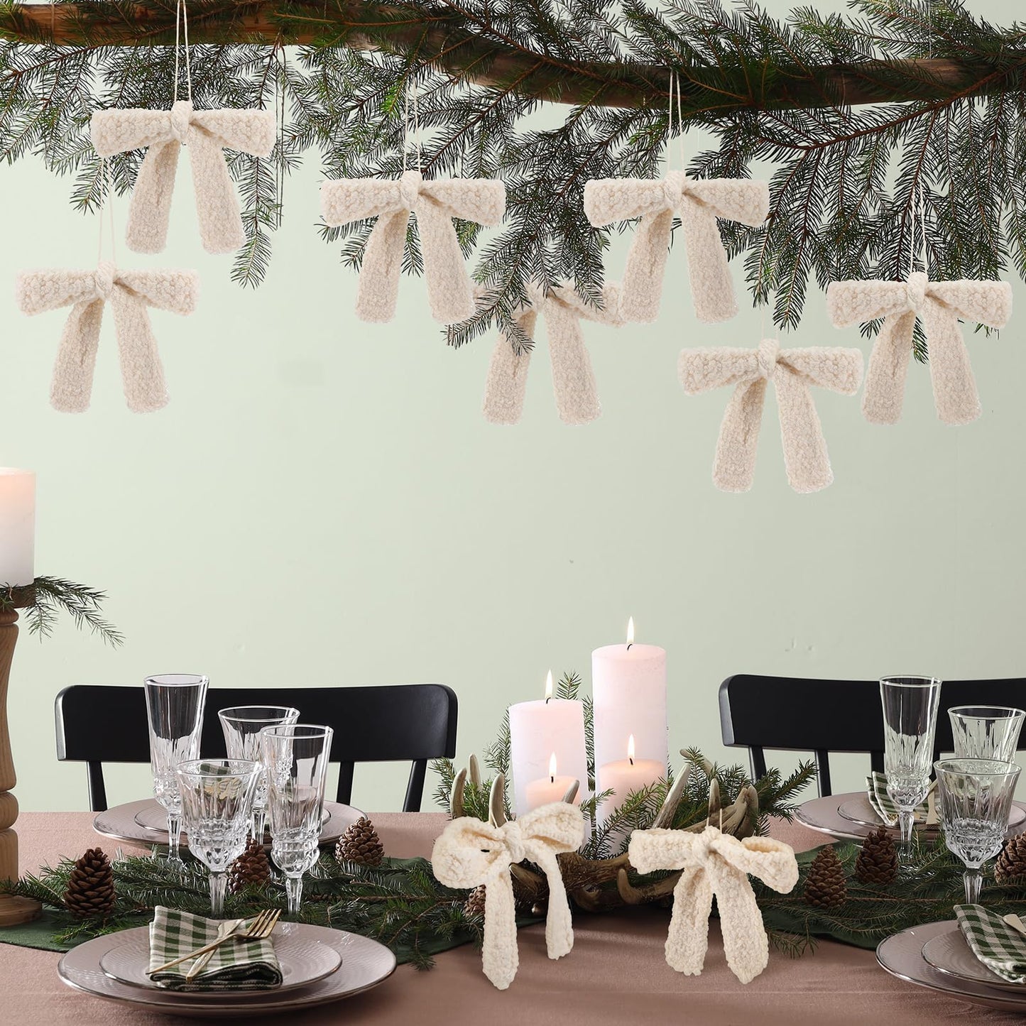 Soulchen 12 Pcs Crochet Bow Christmas Ornaments Large Neutral Christmas Knitted Ornaments Boho Bownot Hanging Handmade Decoration for Xmas Tree Farmhouse Rustic Decor Holiday Fireplace Garland Decor