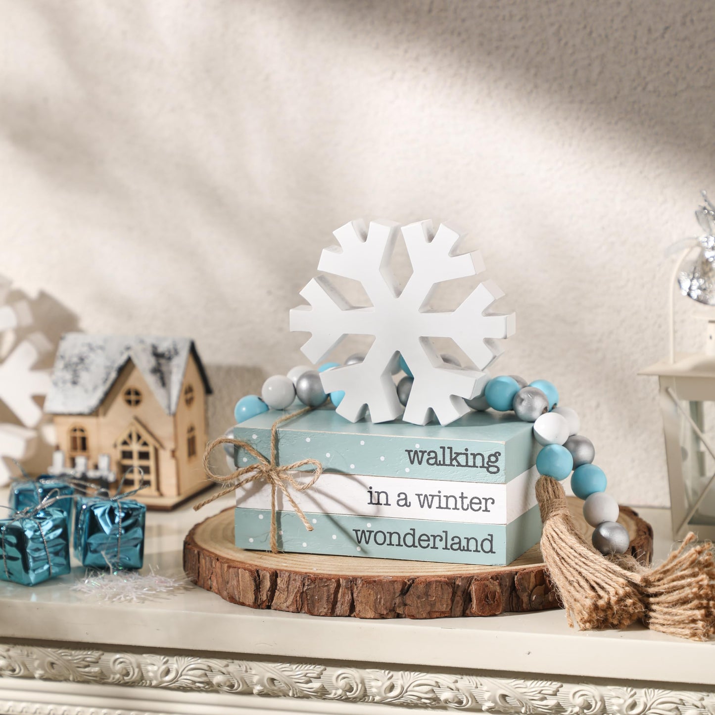 WODOHOLO 5Pcs Winter Wooden Tiered Tray Decor, Wooden Book Stacks Bundle with Snowflake Table Decor, Blue Xmas Rustic Farmhouse Tabletop Centerpieces Home Kitchen Decoration