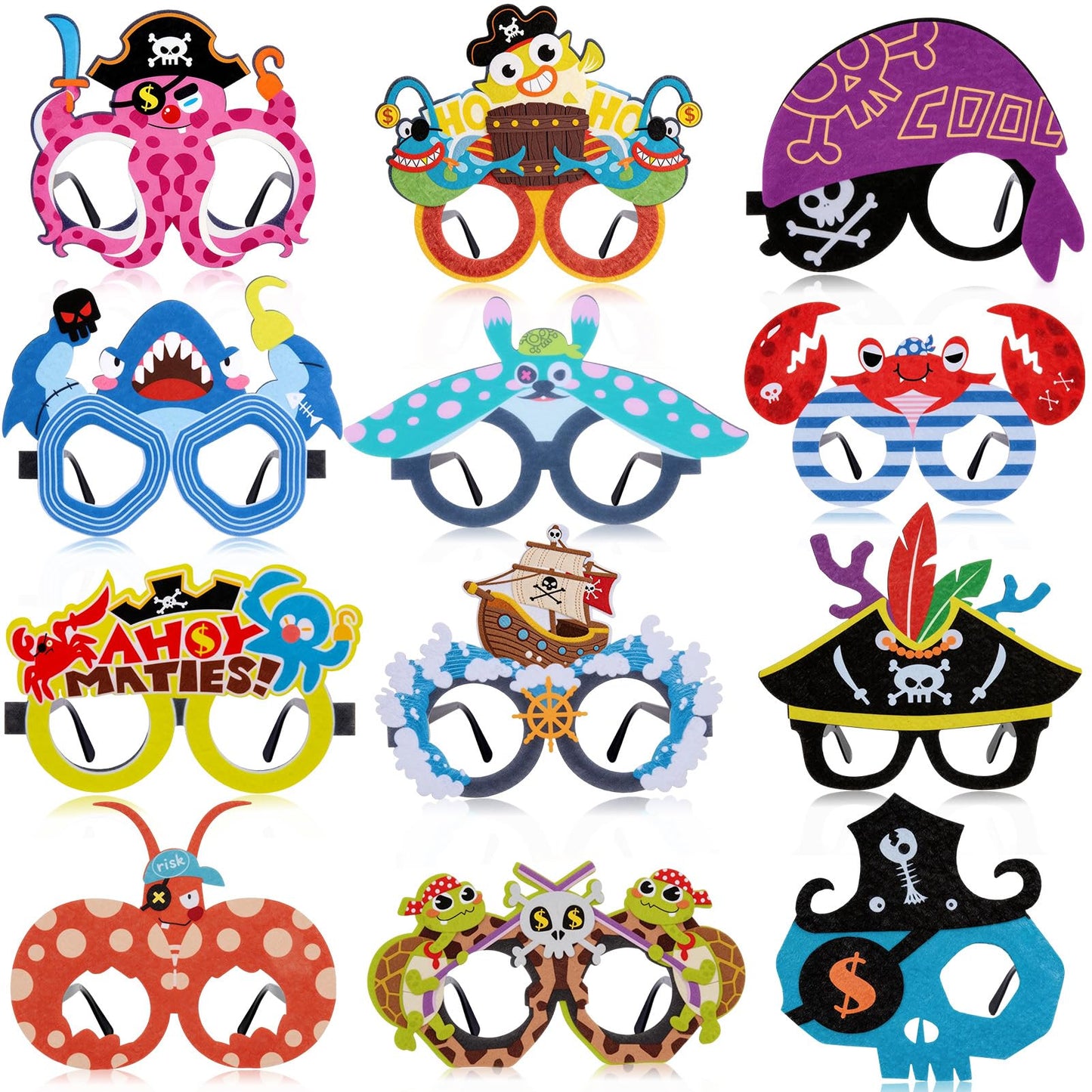Winrayk 12 Pack Reusable Pirate Felt Glasses Bulk, Pirate Party Decorations & Party Favors, Kids Adults Summer Beach Birthday Holiday Daily Eyeglasses Photo Booth Props Halloween Cosplay Accessories