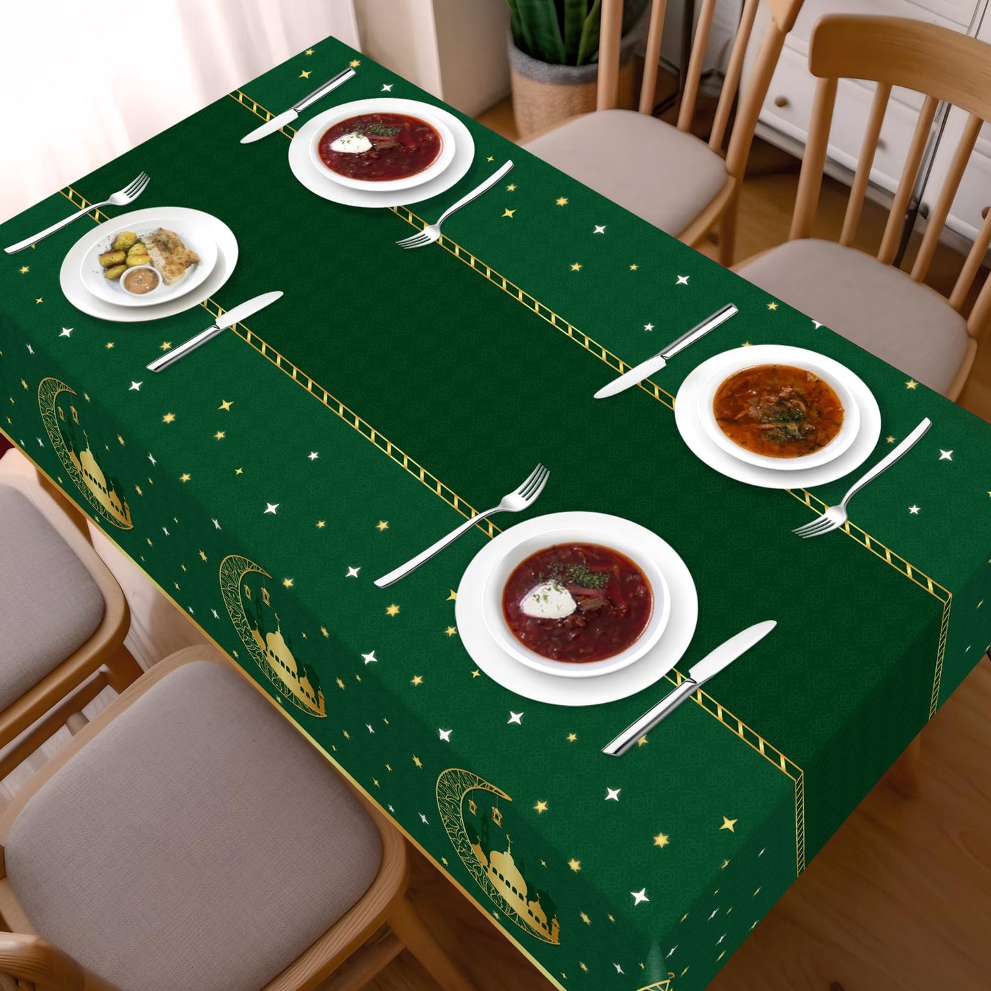 Childom 3 Pack Ramadan Table Cloth,Ramadan Decorations for Home,54" x 108" Eid Mubarak Decorations,Eid Ramadan Tablecloths Rectangular,Green Plastic Table Cloth Disposable Table Cover for Party Favors