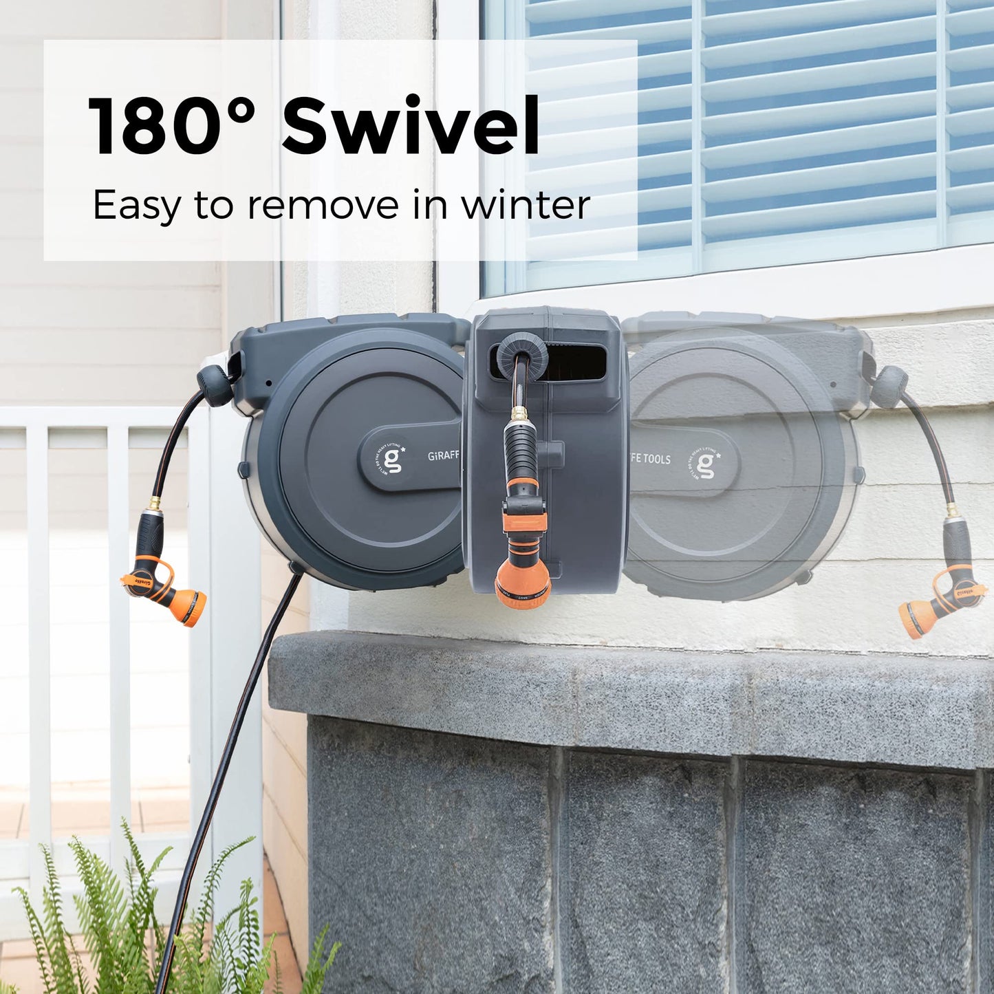 Giraffe Tools Retractable Garden Hose Reel, 5/8" x 90 ft Pro Wall Mounted Hose Reels with 180° Metal Bracket, Any Length Lock Hose Reel with 9- Function Sprayer Nozzle