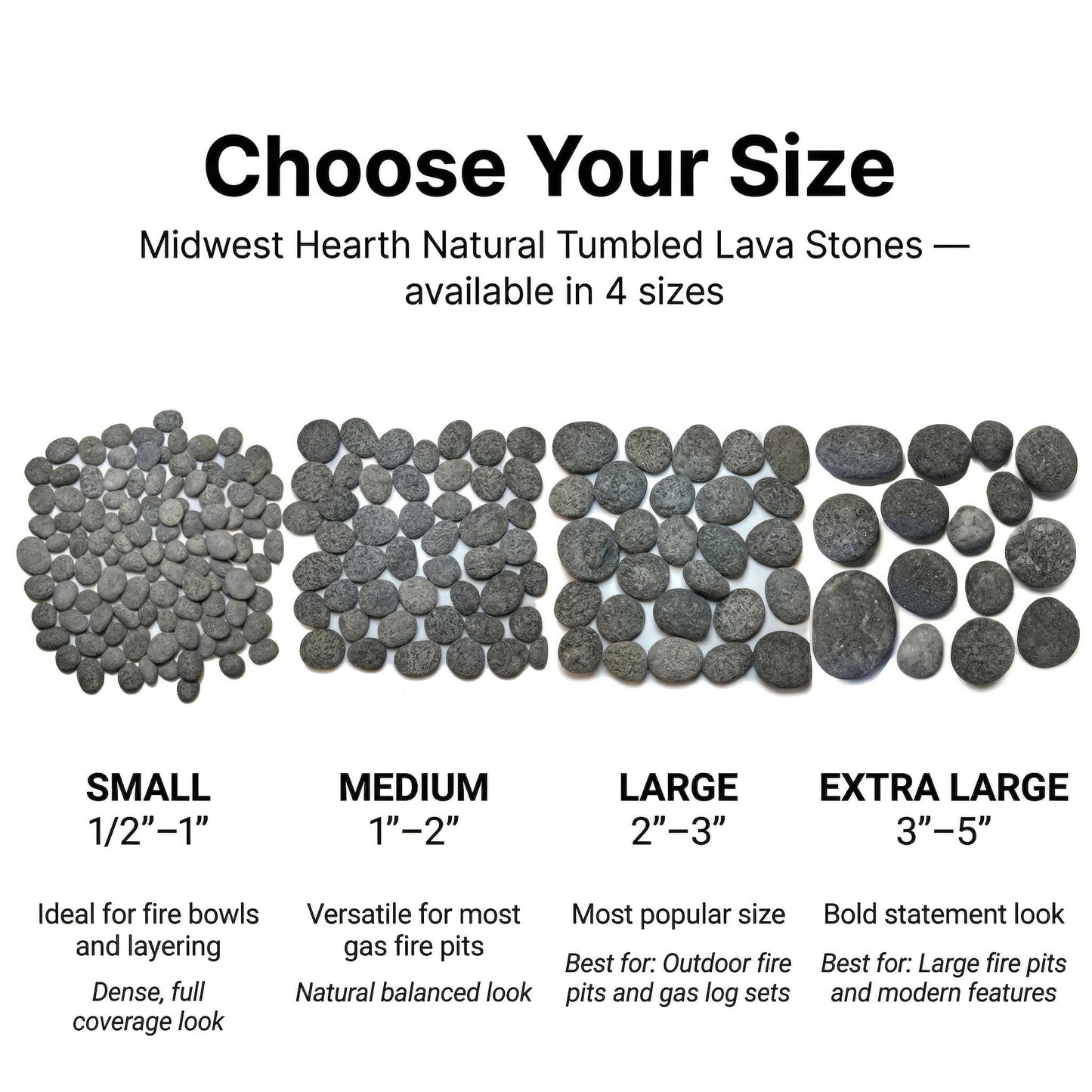 Midwest Hearth Natural Tumbled Lava Stones for Gas Fire Pit and Fireplace | Extra Large (3"–5") | Smooth Round Volcanic Rock | 10 Lbs