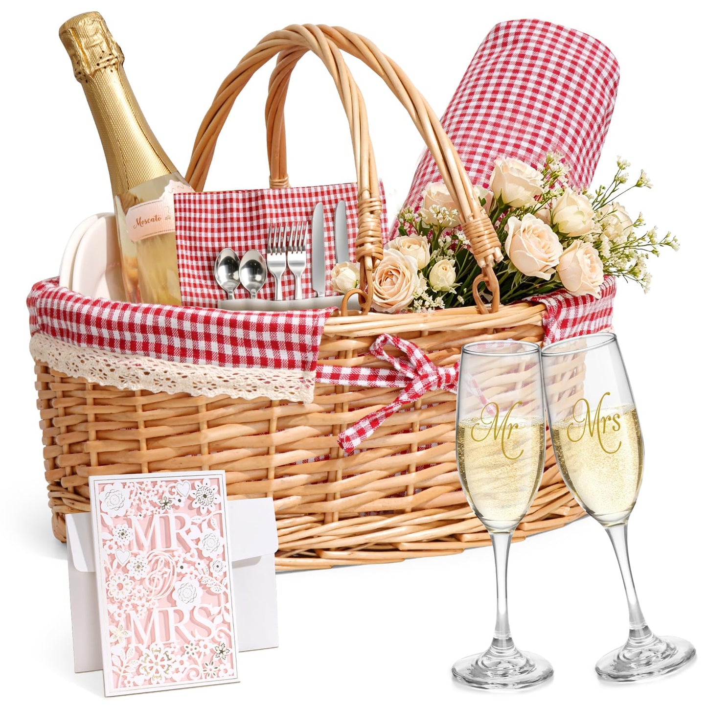 Wedding Gift Picnic Basket for 2 with Waterproof Blanket, Plates, Cutlery Mr and Mrs Glasses, Oval Wicker Hamper with Red Gingham Liner for Engagement, Bridal Shower and Anniversary Dates