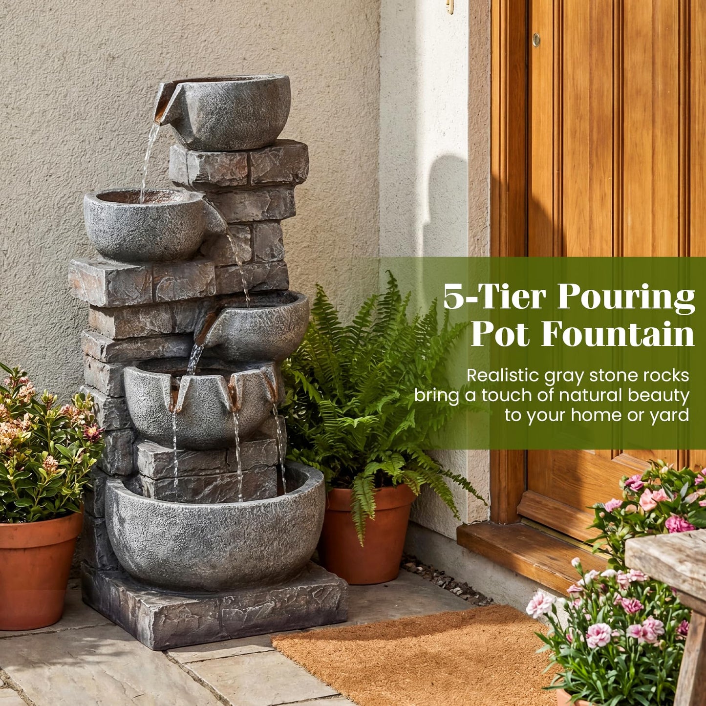 Giantex 33'' Water Fountain Outdoor, 5-Tier Cascading Stacked Stone Bowl Waterfall Fountain with LED Lights & Pump, Outside Water Feature for Patio, Balcony, Deck, Garden, Yard Decor