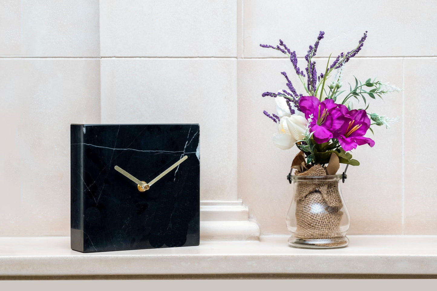AD Furnishes Solid Marble Modern Mantle Clock, Minimalist Clock - Sleek Marble Fireplace Decor with Unique Streaks, Square Analog Design for Decorations in Living Room and Mantel Decoration Fireplace