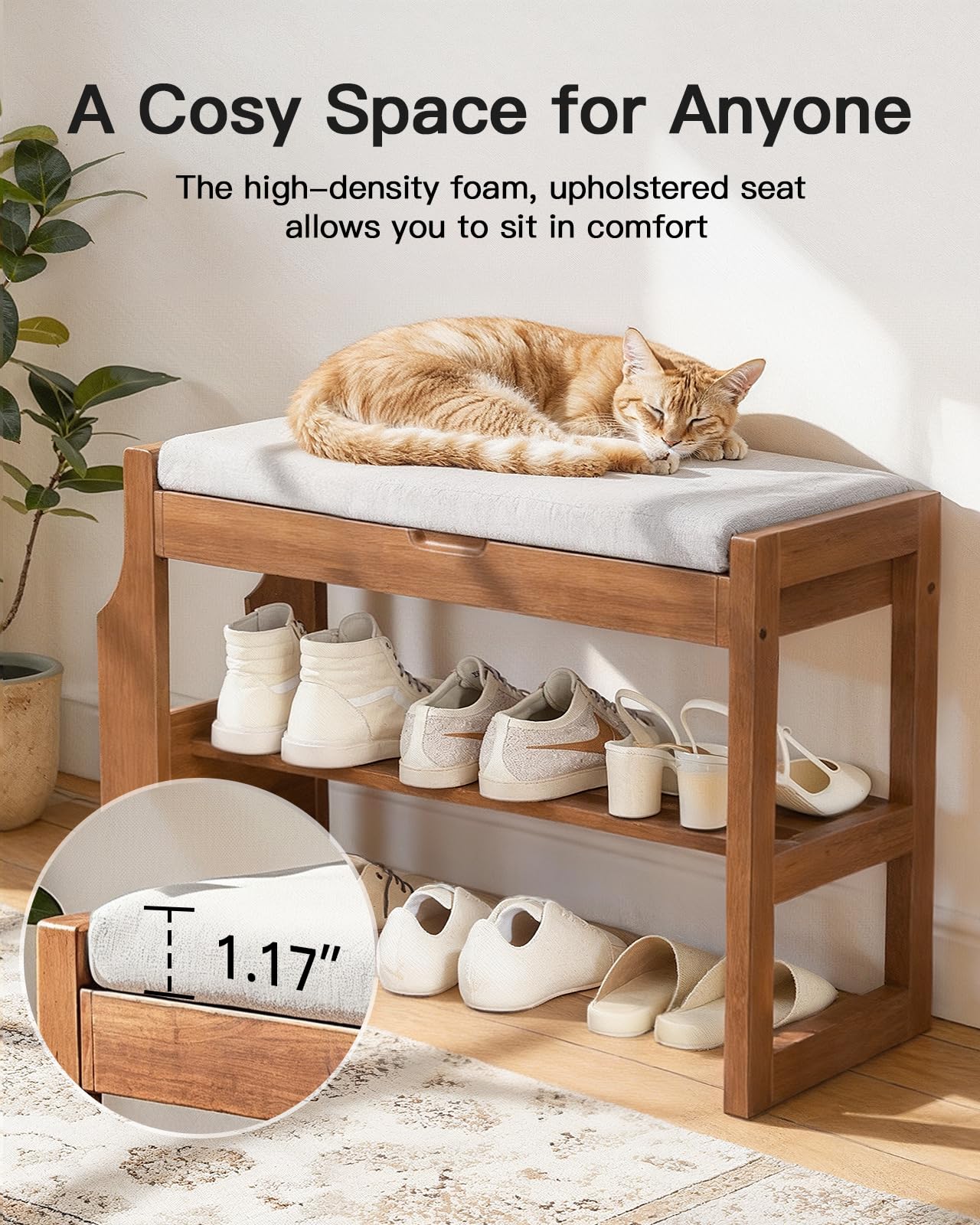 Pipishell 26″ Solid Pine Wood Shoe Rack Bench with Soft Cushion, 2 Tiers Shoe Storage Organizer with Lift-Top Storage and Side Holder, Holds up to 440 lbs, Shoe Bench for Entryway, Hallway, Bedroom