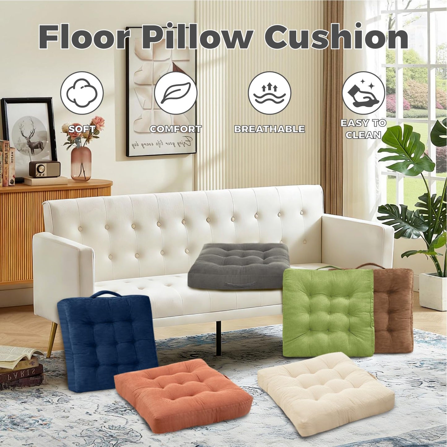 Cyditan Beige Floor Cushion Floor Sitting Cushions Tufted Velvet Portable Seat Cushions with Handle, 18x18 Inch Set of 2, Machine Washable Chair Pads for Kitchen Dining Room Patio Seats