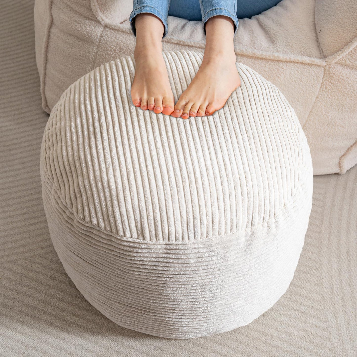 HIGOGOGO Round Stuffed Pouf Ottoman, Corduroy Poufs with Foam Chunk Filling, Furry and Fluffy Pouf Foot Stool Storage Ottoman, 20 X 15 Floor Poufs Foot Rest for Living Room, Beige
