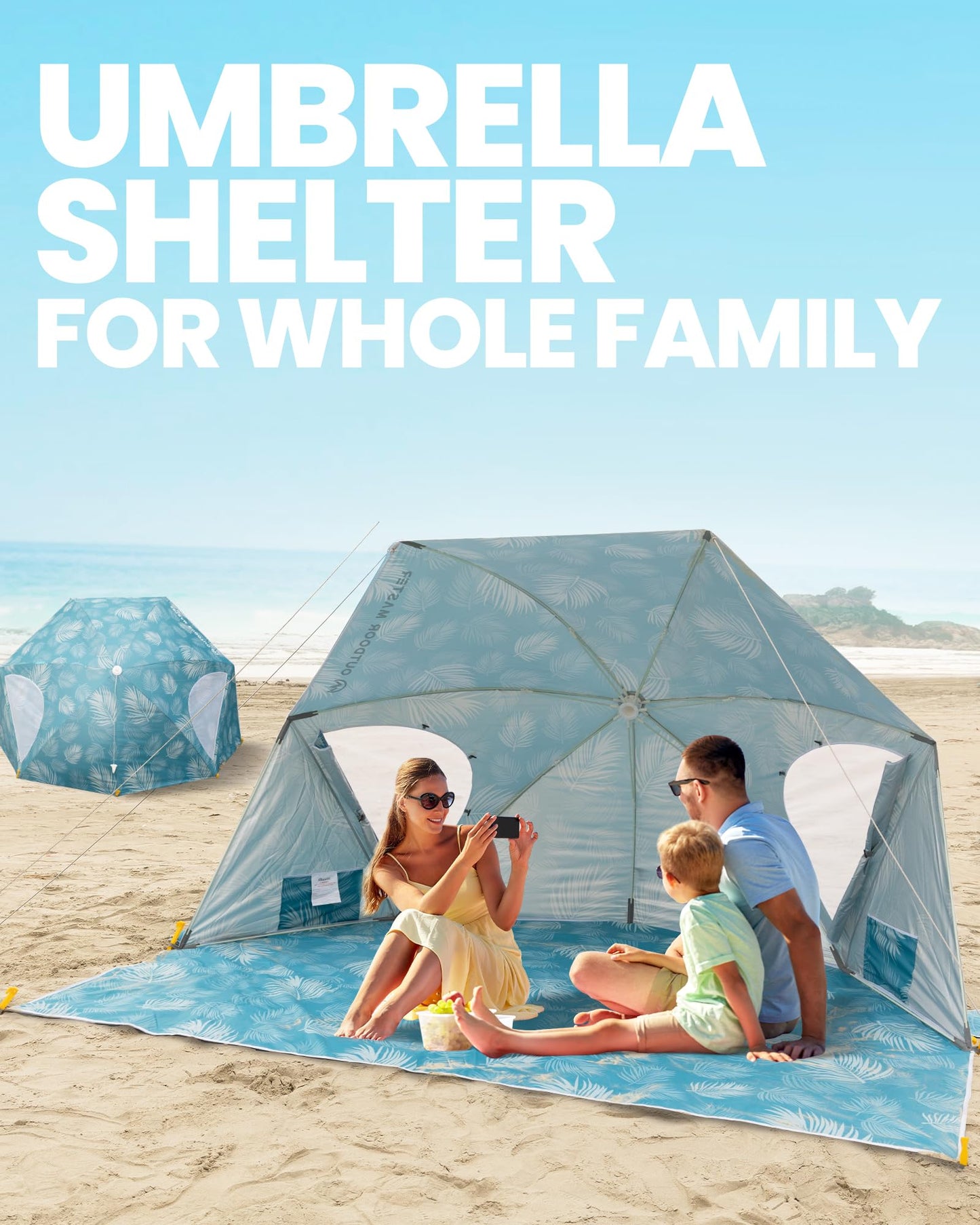 OutdoorMaster Pop Up Beach Umbrella, Portable Tent Shelter, Beach Shade Sun Canopy with UPF 50+ UV Protection, Extendable Floor with Carrying Bag - Blue Feathers