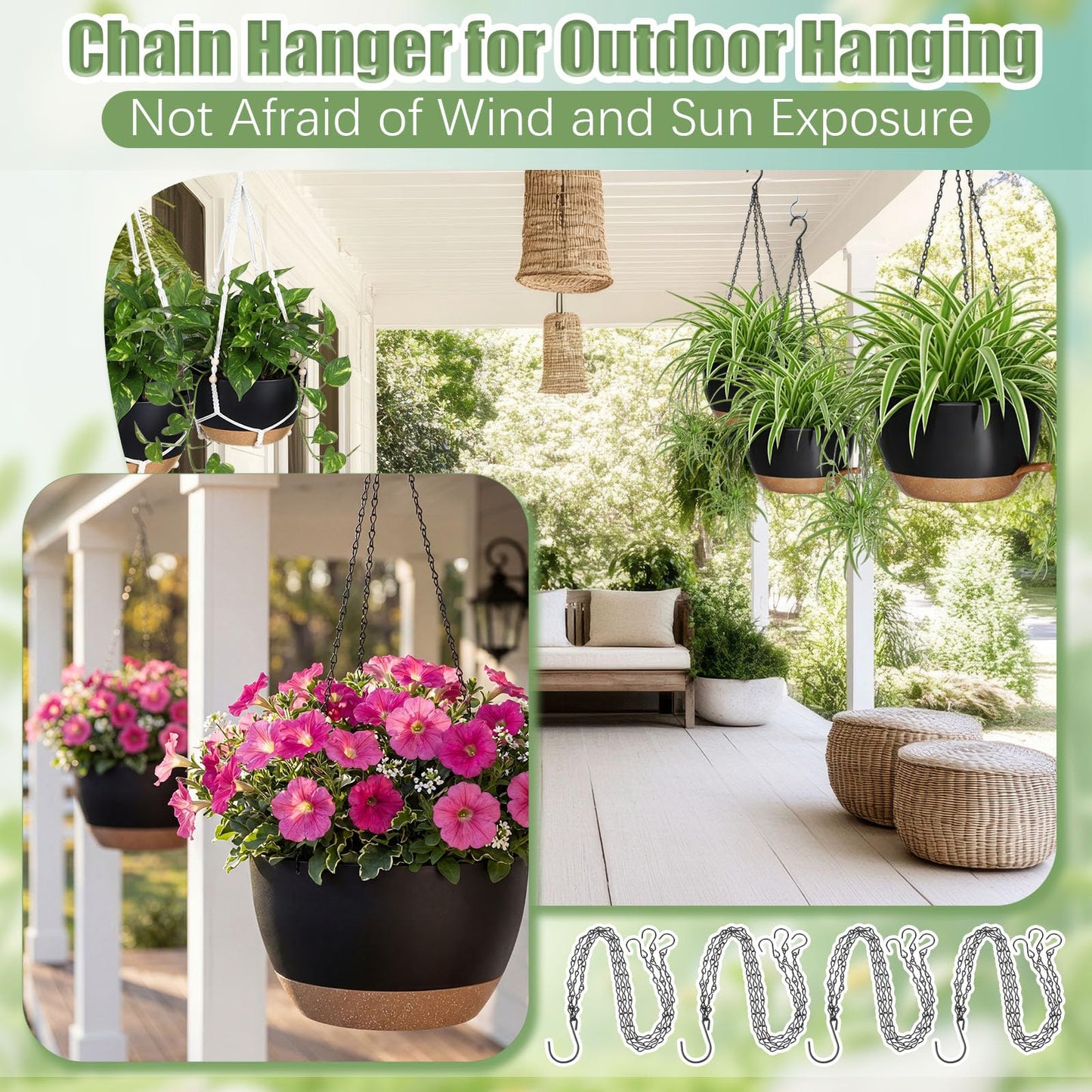 Sliner Set of 4-10 Inch Self Watering Hanging Planters Includes Hanging Pots and Outdoor Hanger Plant Pots with Drainage Holes 2 Types of Hanger Basket Hooks for Patio Garden(Black Brown)