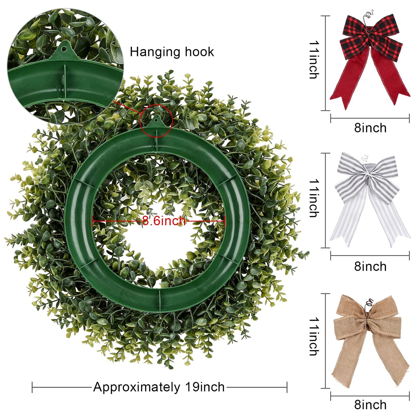Pansu 19 Inch Boxwood Wreath, 3 Different Bows,Artificial Spring, Summer, Fall, or Winter Wreath ，Weatherproof Indoor/Outdoor Wreaths for Front Door