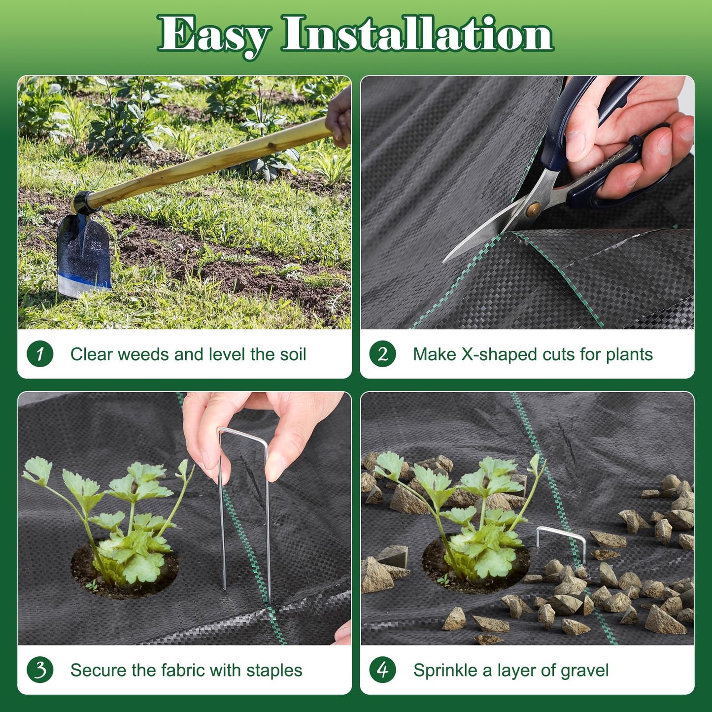 FEED GARDEN 4FT x 100FT Landscape Fabric Weed Barrier Fabric, Heavy Duty 3.2oz Ground Cover Geotextile Fabric for Gardening, with 30 U-Shaped Stakes (2 Pack 4x50FT)