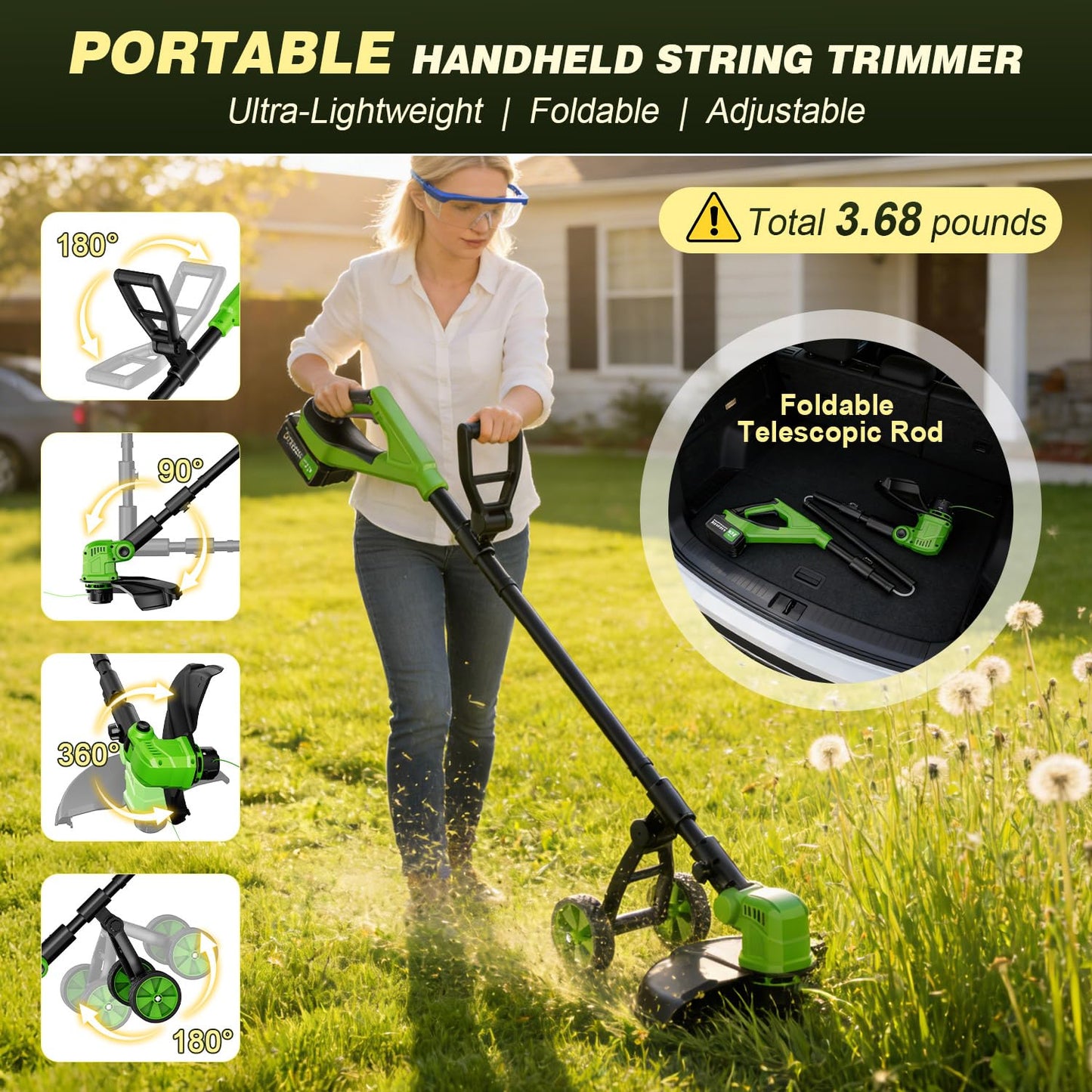 Amiluo 3 in 1 Cordless String Trimmer & Edger, 21V Battery Powered Weed Wacker with Wheels, 2 x 3.0Ah Batteries & 8 Spools, 14" Electric Weed Trimmer, Grass Trimmer for Garden, Lawn and Yard Care