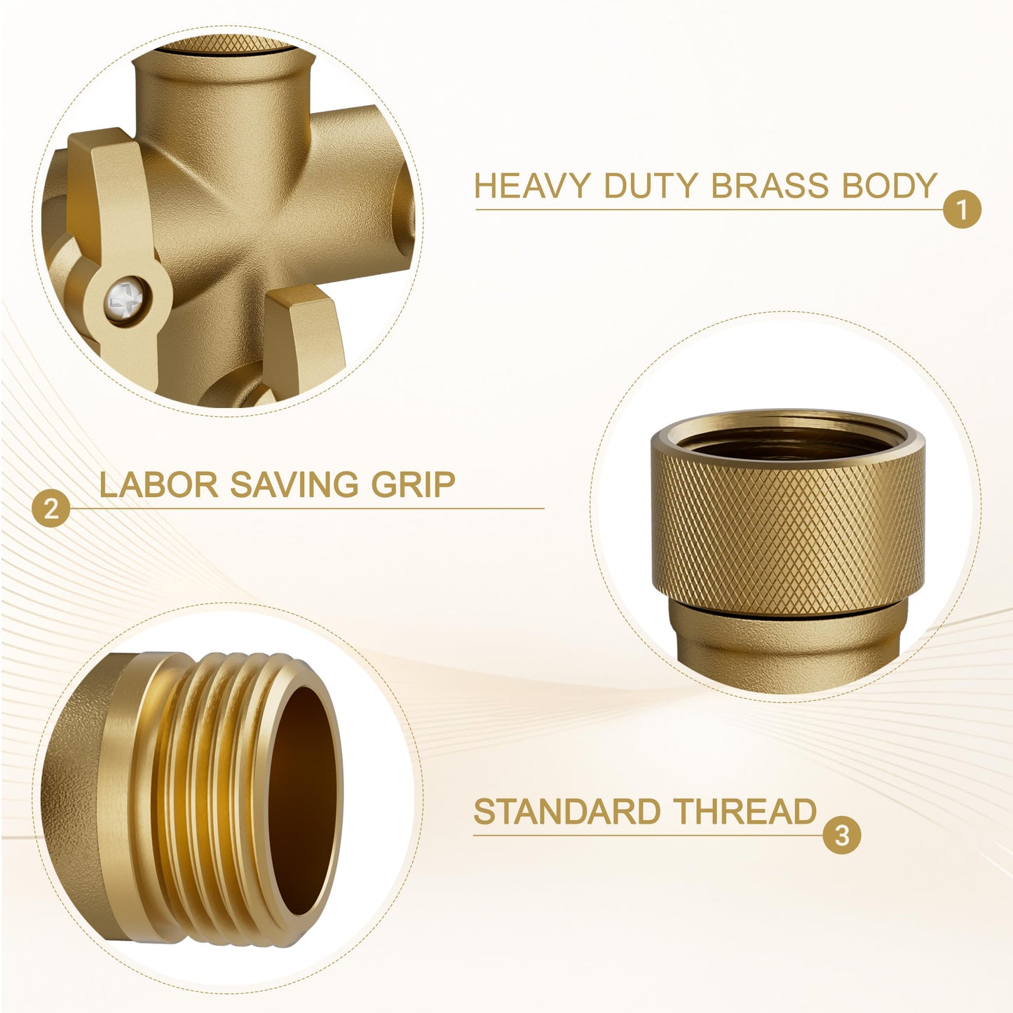 SANTONG Hose Splitter Solid Brass 3 Way + Type Outdoor Faucet and Water Spigot Connector with Shut-Off Valves, 4 Extra Silicone Washers Included