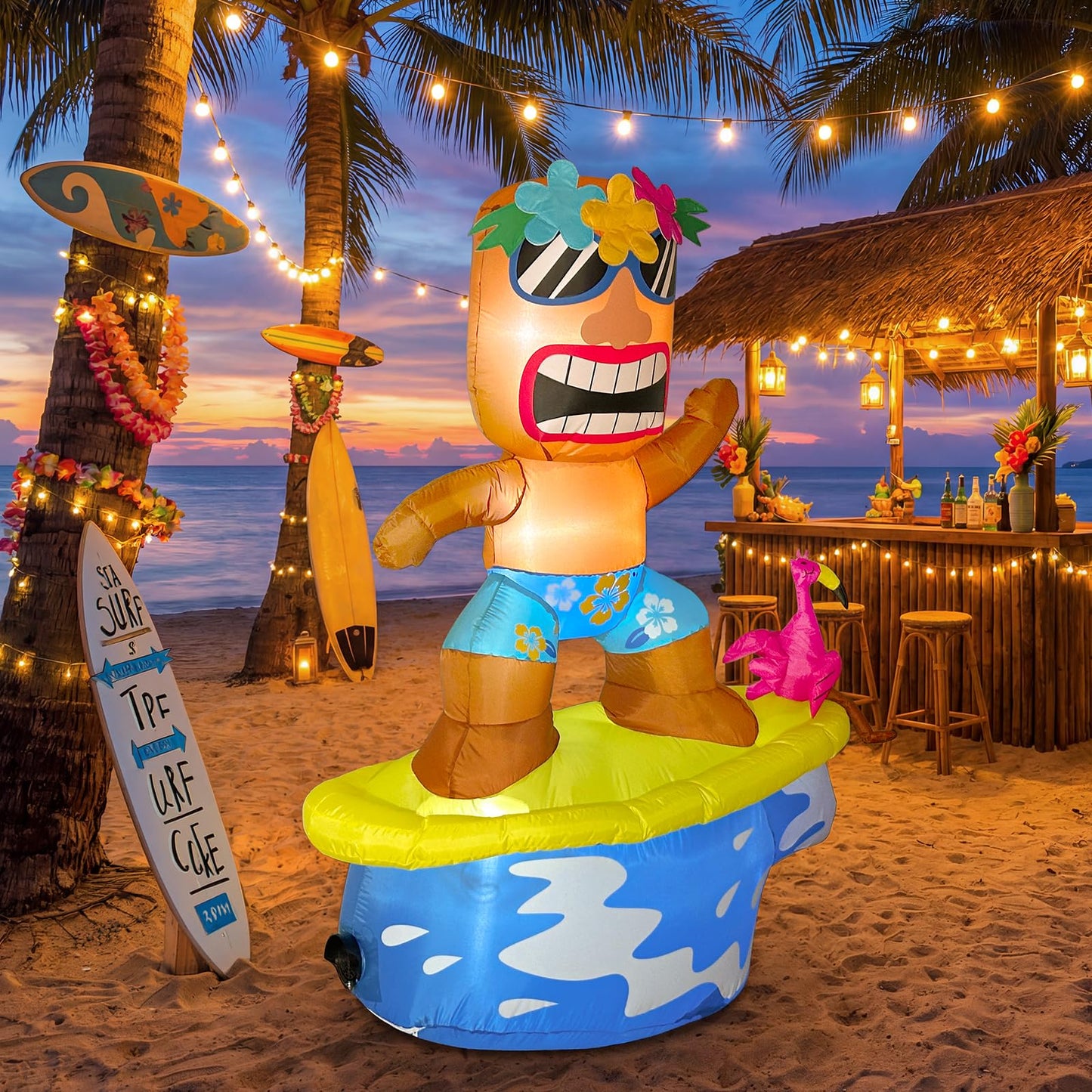 GUDELAK 5FT Flamingo Inflatable Tiki Surfboard Luau Party Decorations, Summer Inflatables Outdoor Decorations with LEDs and Blower, Tiki Blow Up Flamingo for Tropical Beach Pool Summer Yard Decor