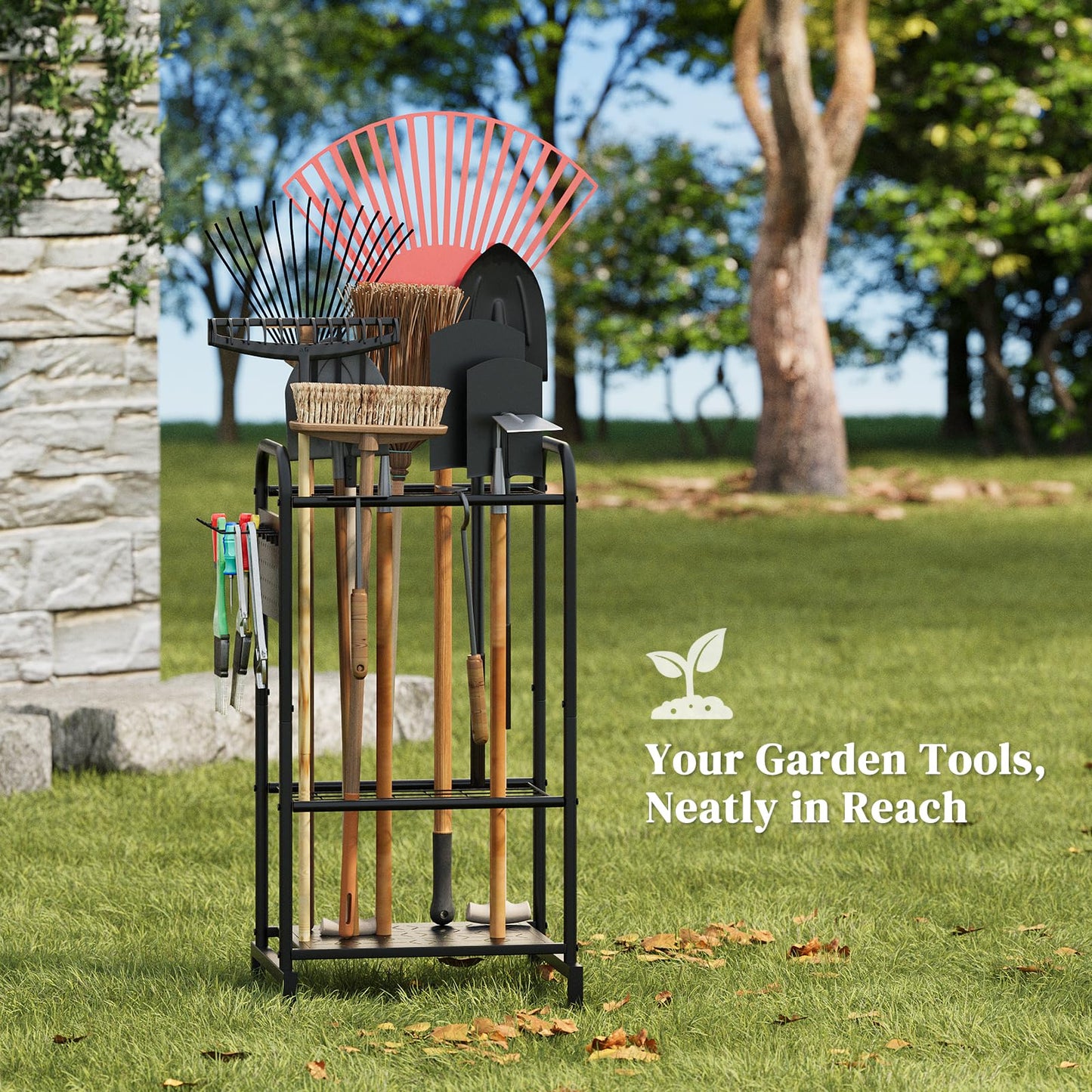 PULIJIAJU Garden Tools Organizer Rack, Yard Tool Rack, Heavy Duty Steel Yard Tool Organizer and Storage Holder Broom Holder for Shed, Patio, Outdoor (Rack with Hooks)