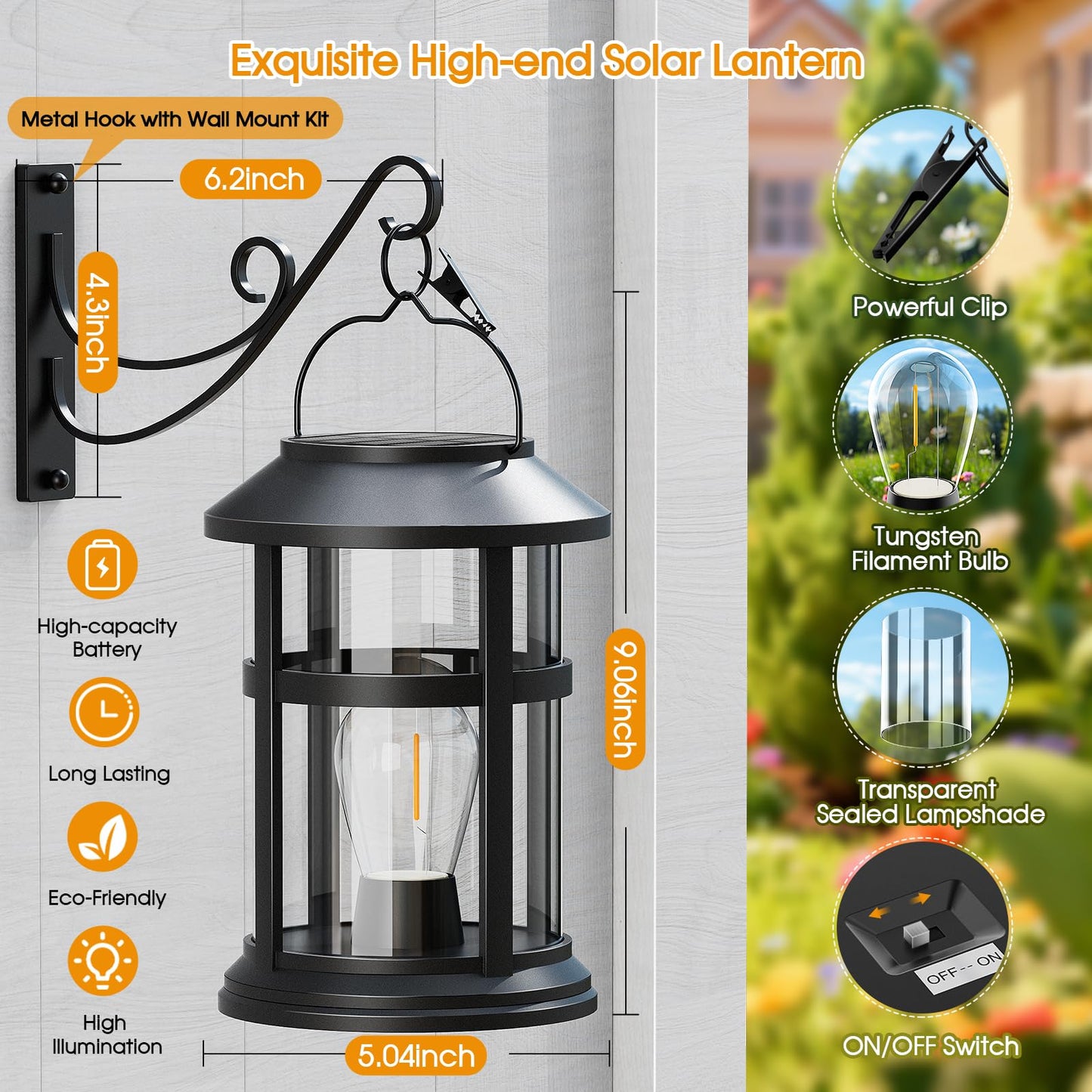 GARPAR Solar Lanterns Outdoor Waterproof with Wall Mount Kit, Upgraded Brighter Hanging Solar Lights for Outside, Auto On/Off Solar Powered Lantern for Garden Yard Patio Porch Decor, Gift for Mom