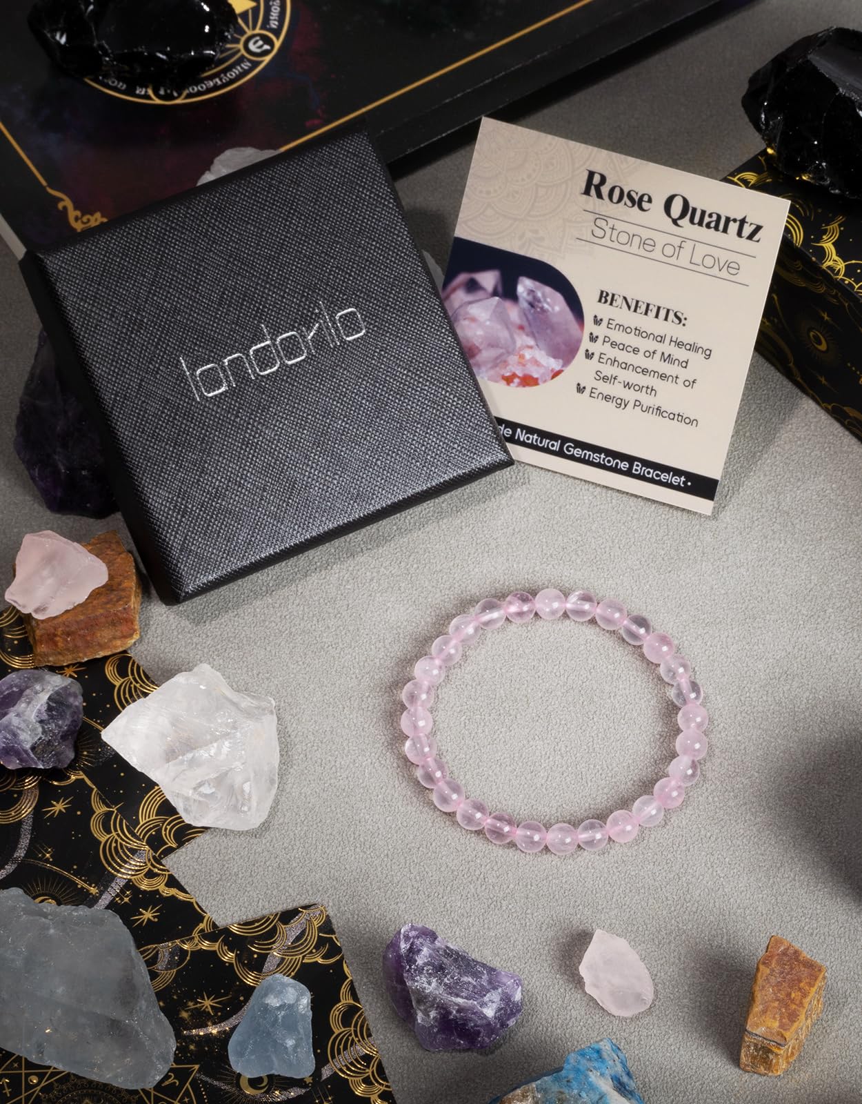 Landorilo Beaded Bracelet for Men Women, 6mm Natural Stone Rose Quartz Healing Crystal Stretch Bracelets, Ideal Christmas Birthday Jewelry Gifts with Energy Card，Replacement Beads Included
