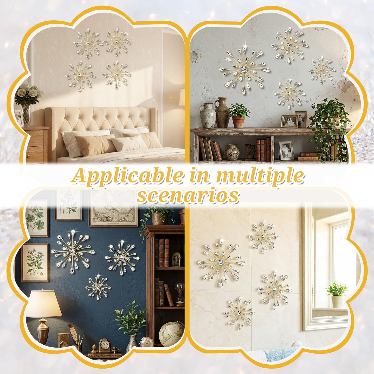 4 Pcs Starburst Wall Decor, Metal Starburst Wall Art Decor, Bling WallsArt Crystal Teardrop 3D Hanging Rhinestone Radial Metal Artwork, Decorative Walls Hanging Diamond for Living Room Bedroom(Gold)
