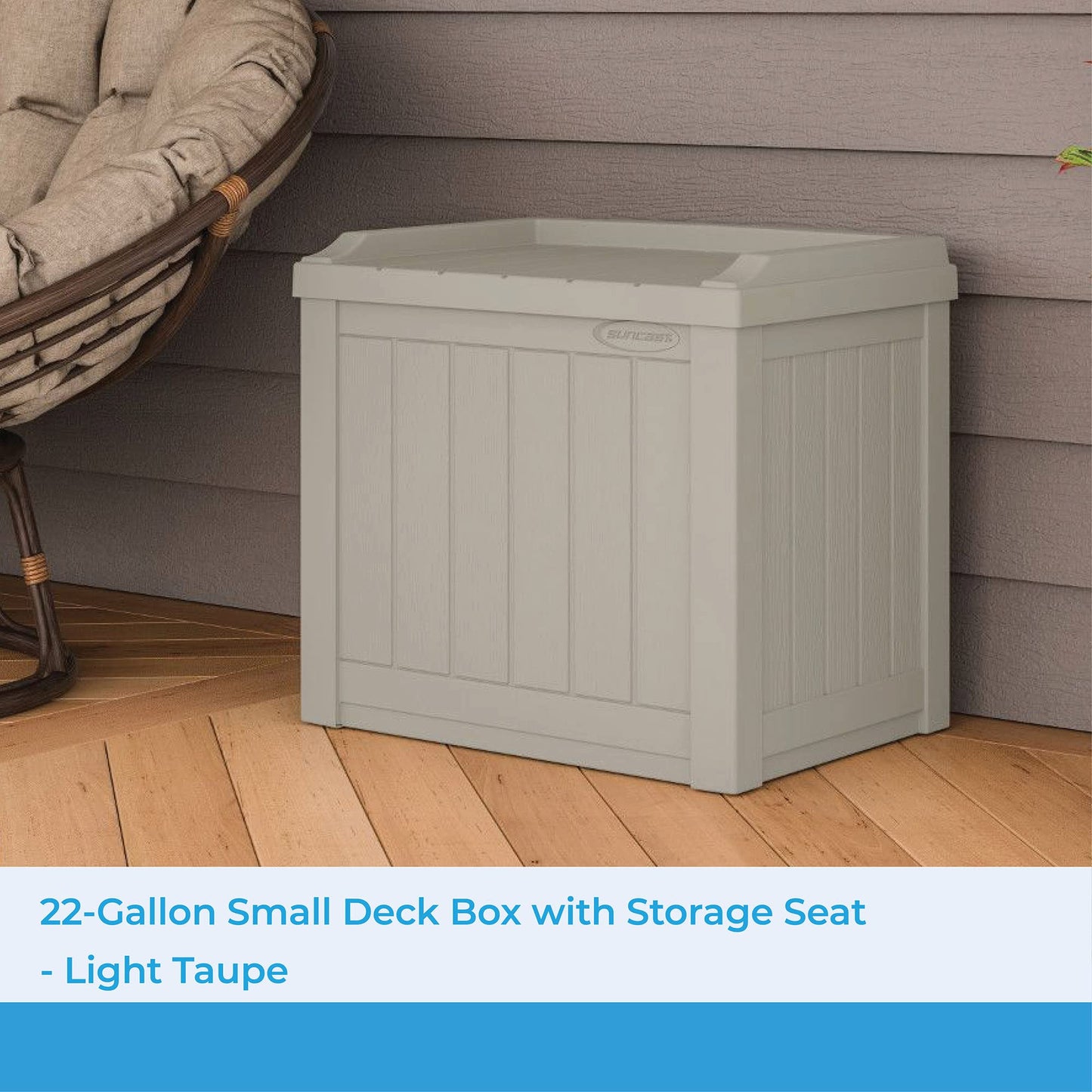 Suncast Outdoor Storage Box - 22 Gallon Light Taupe Resin Outdoor Deck Box with Seat, Weatherproof Patio Storage Bin Container for Keeping Cushions, Tools & Towels for Pool, Yard, & Garden