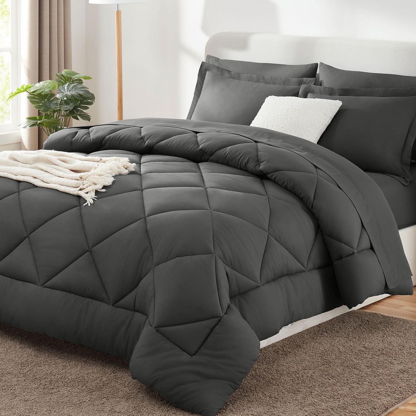 CozyLux Queen Comforter Set Dark Grey - Bed in a Bag Queen Size 7 Pieces, Luxury Soft Bed Set for All Seasons, Bedding Set with Comforter, Sheets, Pillowcases & Shams, Dark Gray, Queen