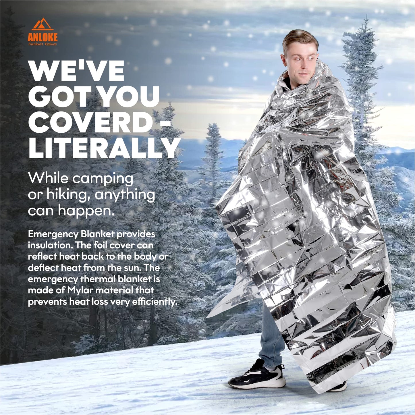 ANLOKE Emergency Blankets Mylar Thermal Blanket,(10 Pack) of Gigantic Space Blanket 84 * 64 in. Survival Blankets Heavy Duty Camping Gear,First Aid