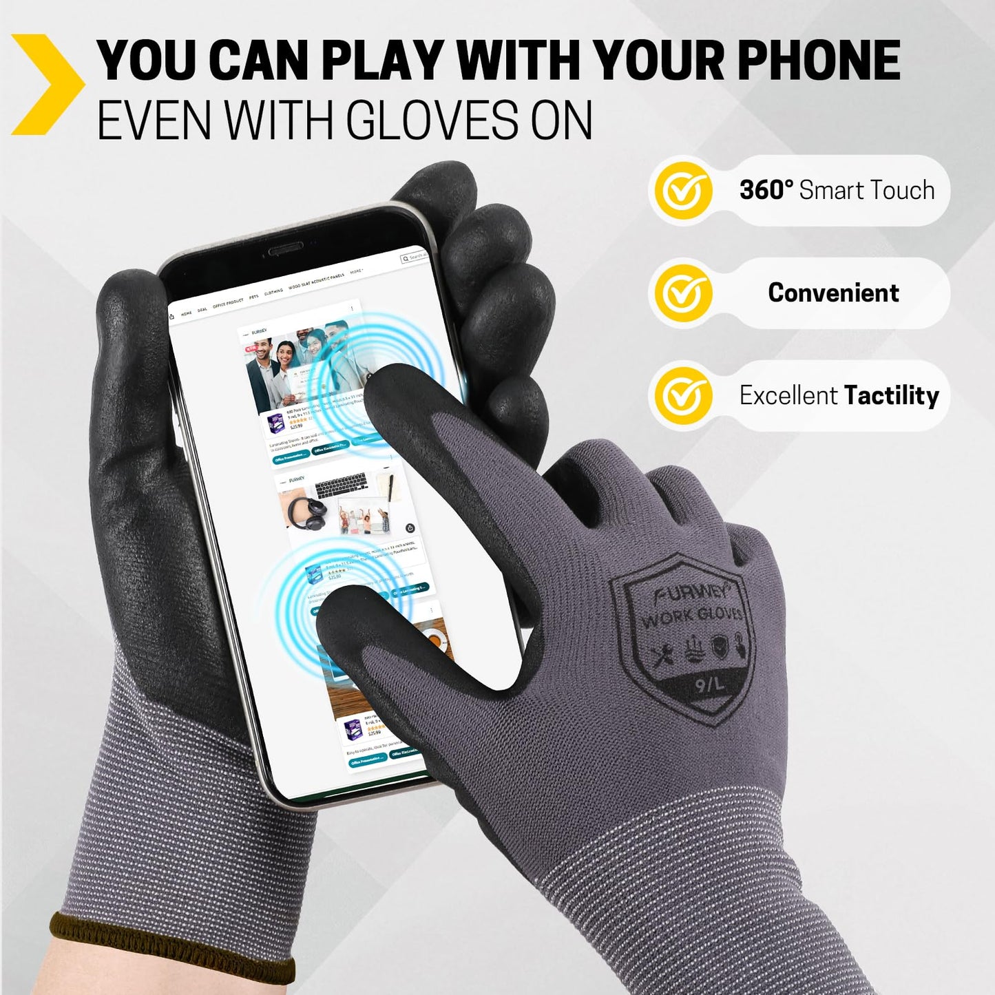 FURWEY Safety Work Gloves,16 Pairs Micro-Foam Nitrile Coated Glove for Men and Women, Touchscreen, Ideal for Warehouse Package Handling，Construction, Gardening, Small