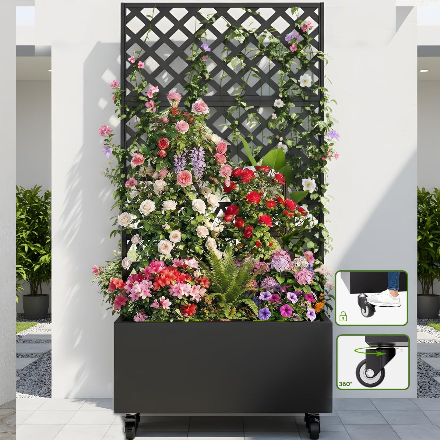 blusoke Metal Planter Box with Trellis and Wheels,Raised Garden Bed with Trellis,72" Tall Privacy Screen with Planter Box and Drainage Holes,Plant Trellis for Climbing Plants Outdoor,Vegetables,Vines