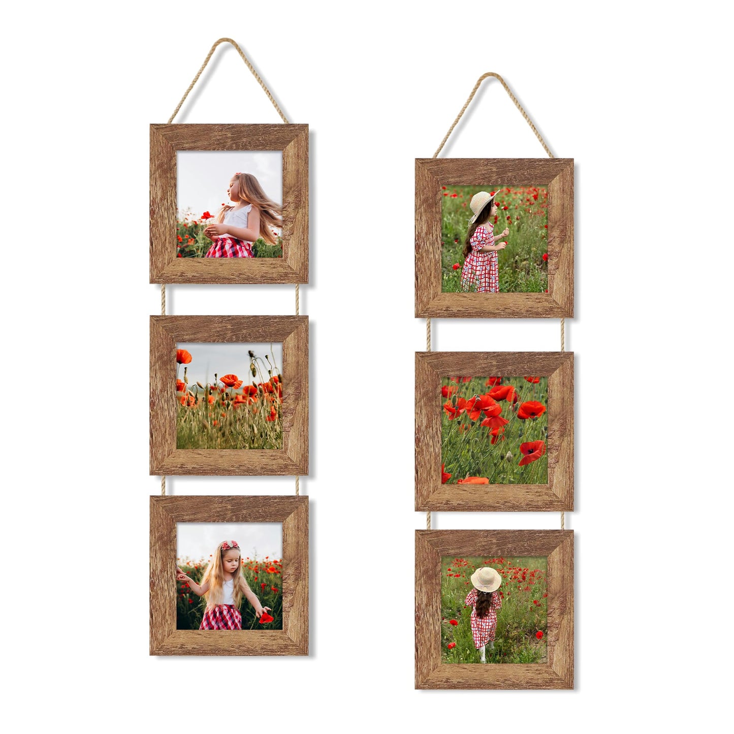 ccdcc 4x4 Collage Picture Frames Set of 2, Rustic Wooden Real Glass Vertical Hanging 3 Opening 4 by 4 Photo Frame, Rustic Brown