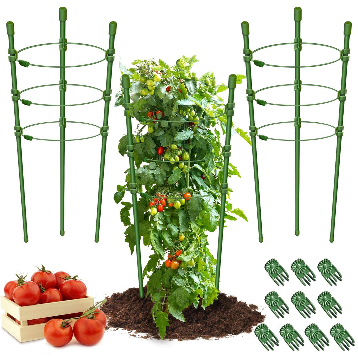 Legigo 3 Packs Plant Support Cages Tomato Cage for Garden- 18 Inch Adjustable Garden Cucumber Trellis Plant Stakes, Trellis Support Rings for Climbing Plants, Pots, Indoor Plants with 10 Plant Clips