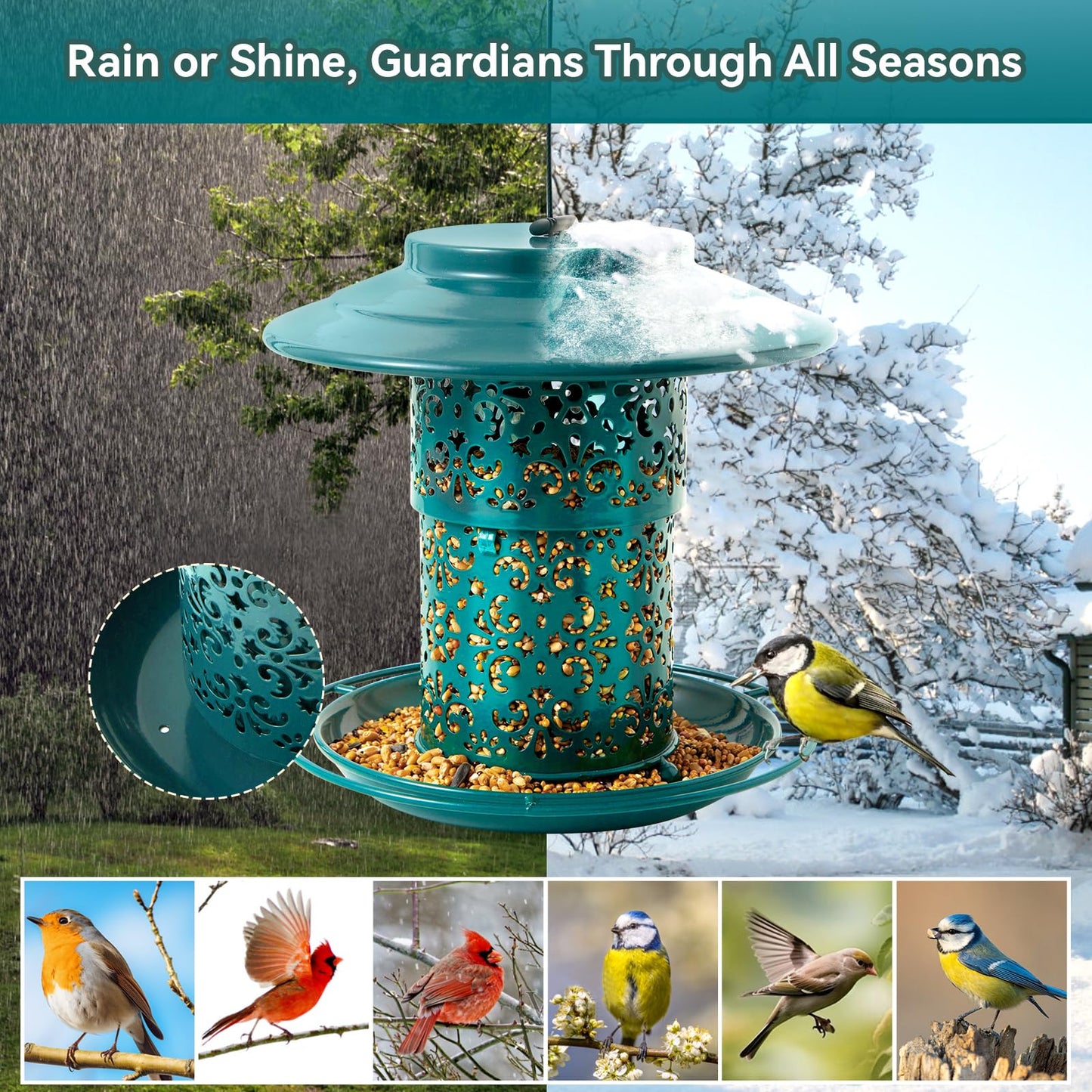 Godinsky Metal Bird Feeders for Outdoors Hanging, Weather Resistant Wild Bird Feeder with 360 Degree Feeding Tray (Green)