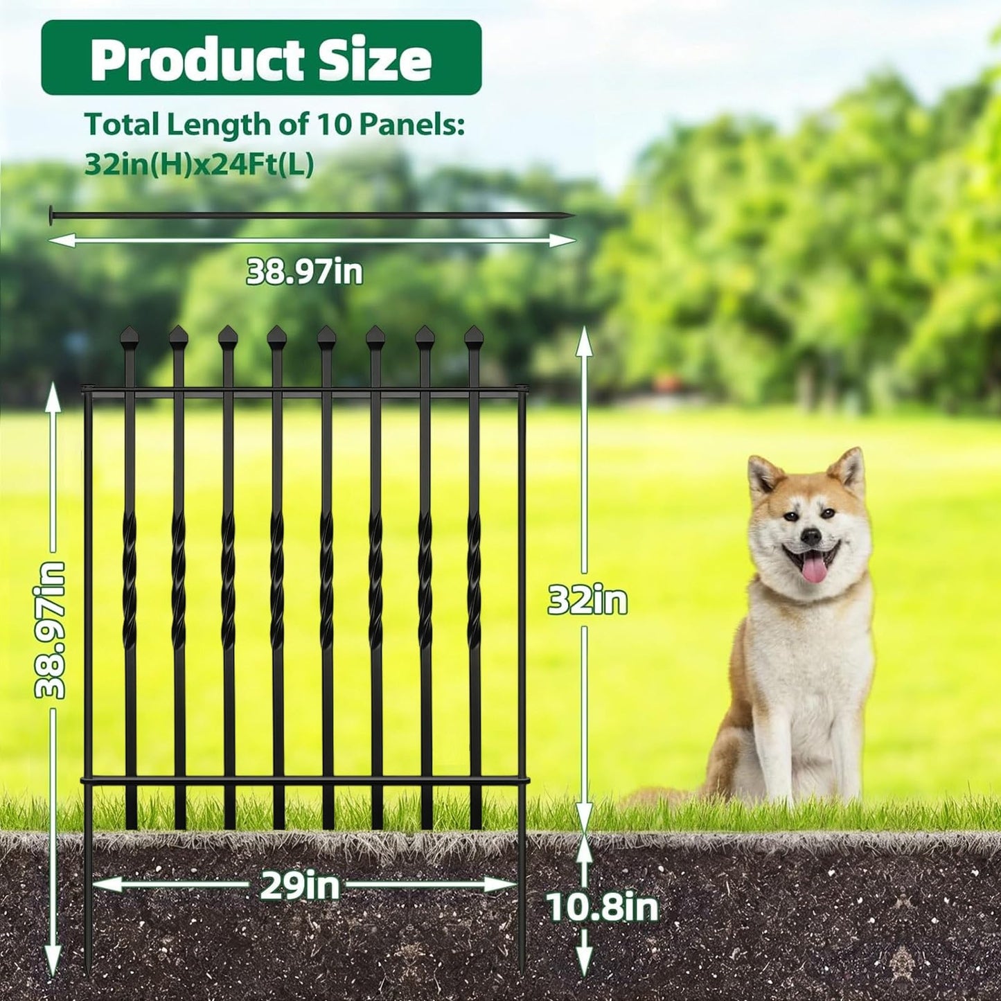 GILPWA 10 Panels Decorative Garden Fence, 32in(H)×24Ft(L) Heavy Duty Twist Outdoor Dog Fence Rustproof Metal Square Tube No Dig Animal Barrier Border Fencing for Temporary Yard Patio Landscape